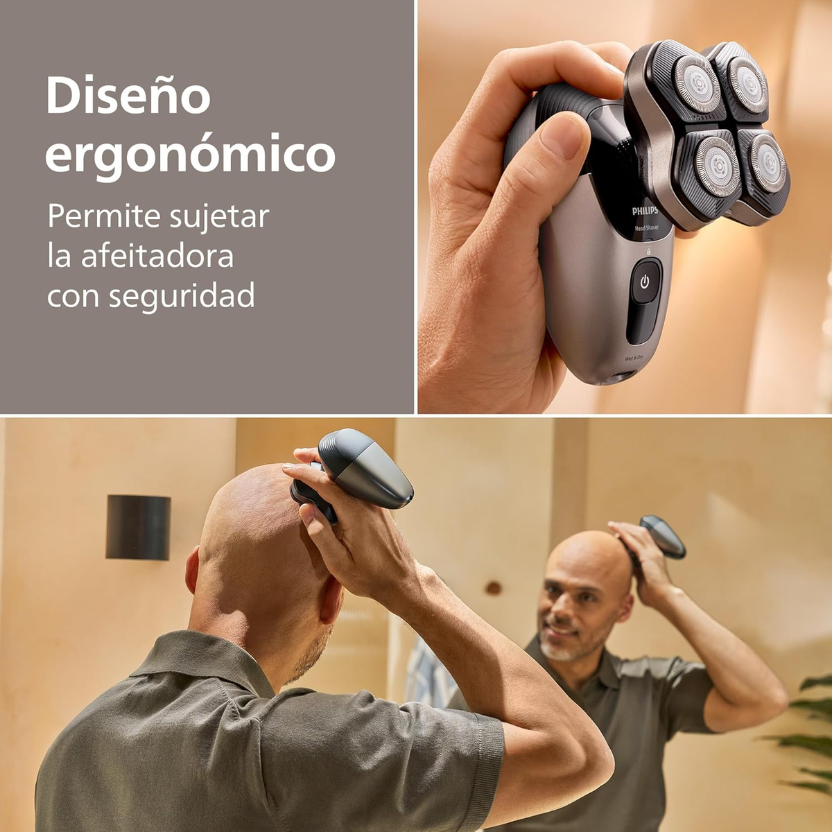 Uomo si rade la testa con un rasoio Philips tenuto in mano. Design ergonomico.