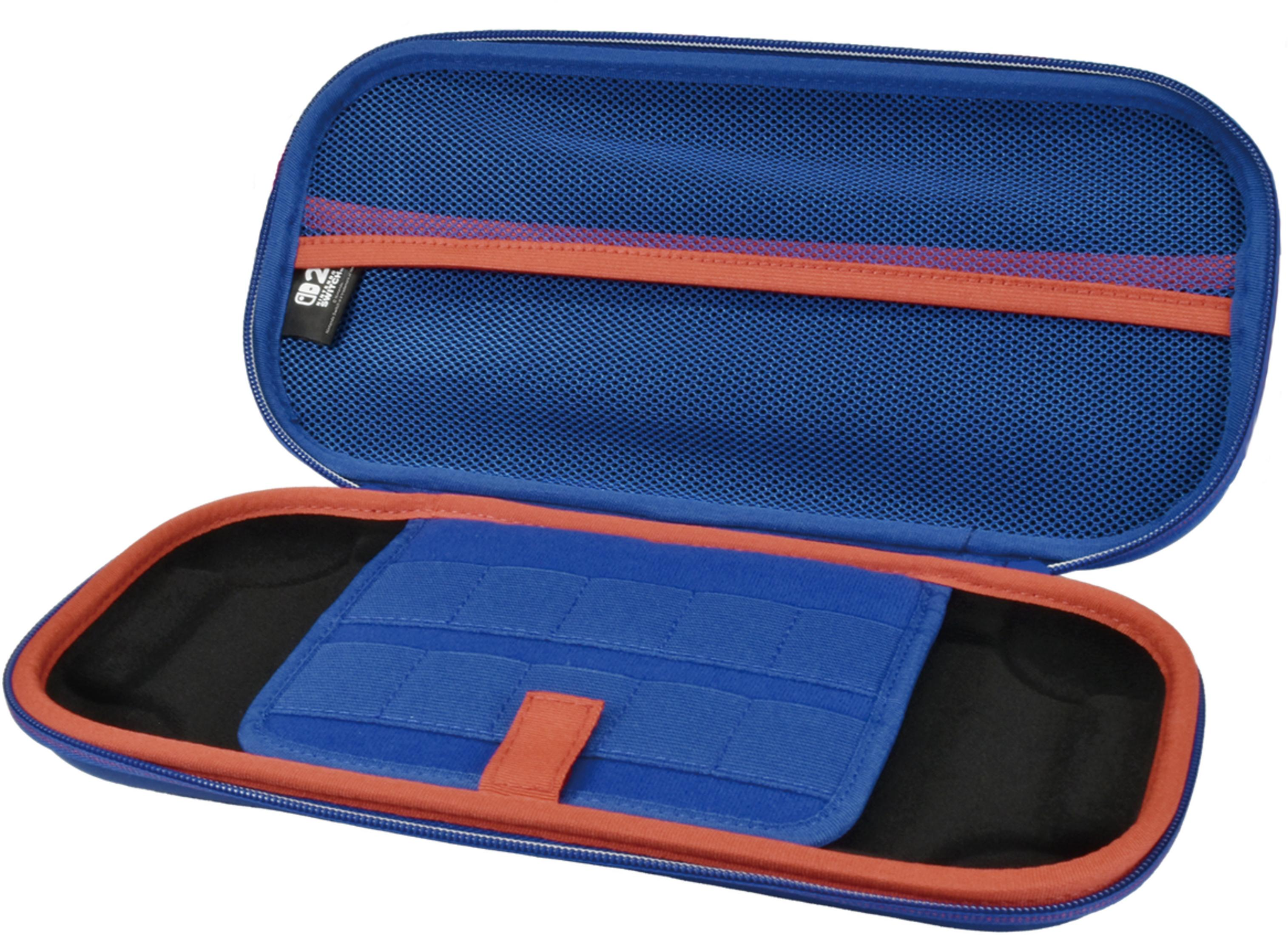 Funda azul con detalles naranjas y forro de malla. Ranuras para tarjetas visibles.