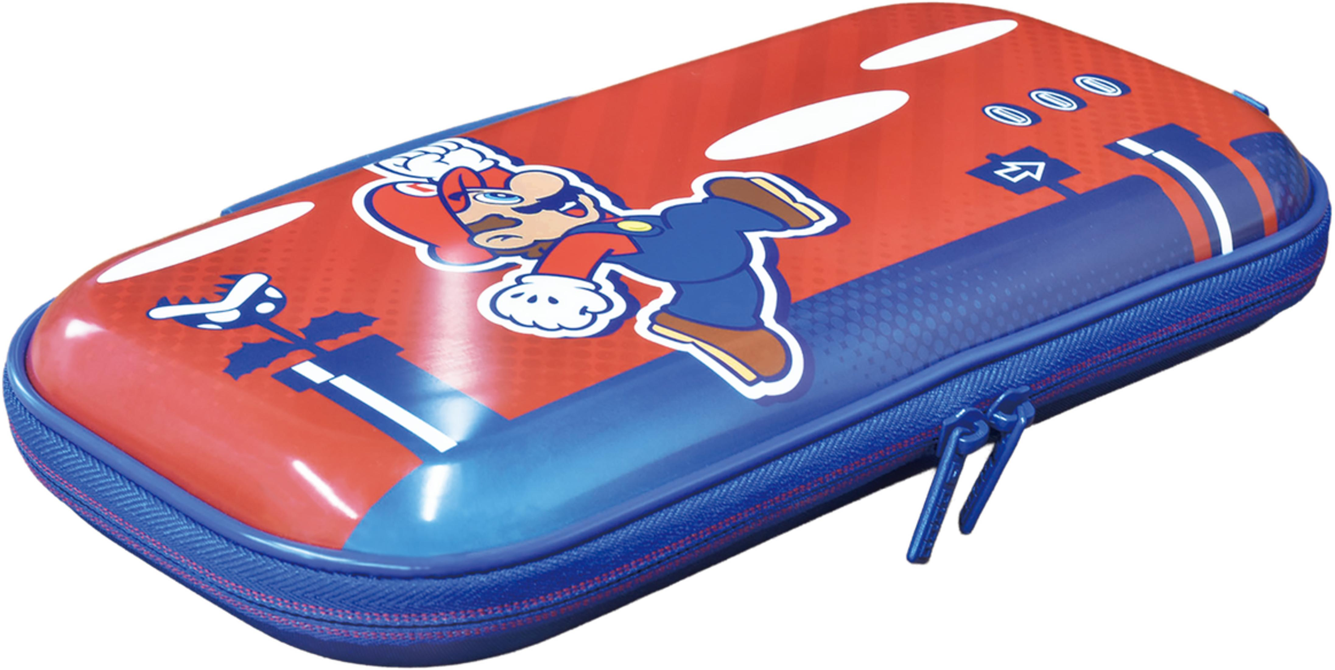 Una funda roja de Mario con detalles de cremallera azul y gráficos del juego.