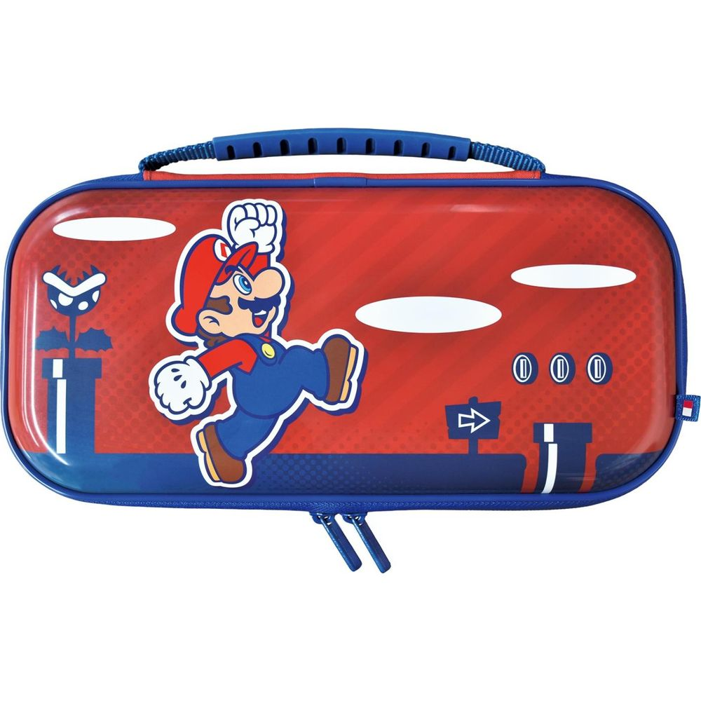 Mario en un estuche rojo y azul con elementos de juego.