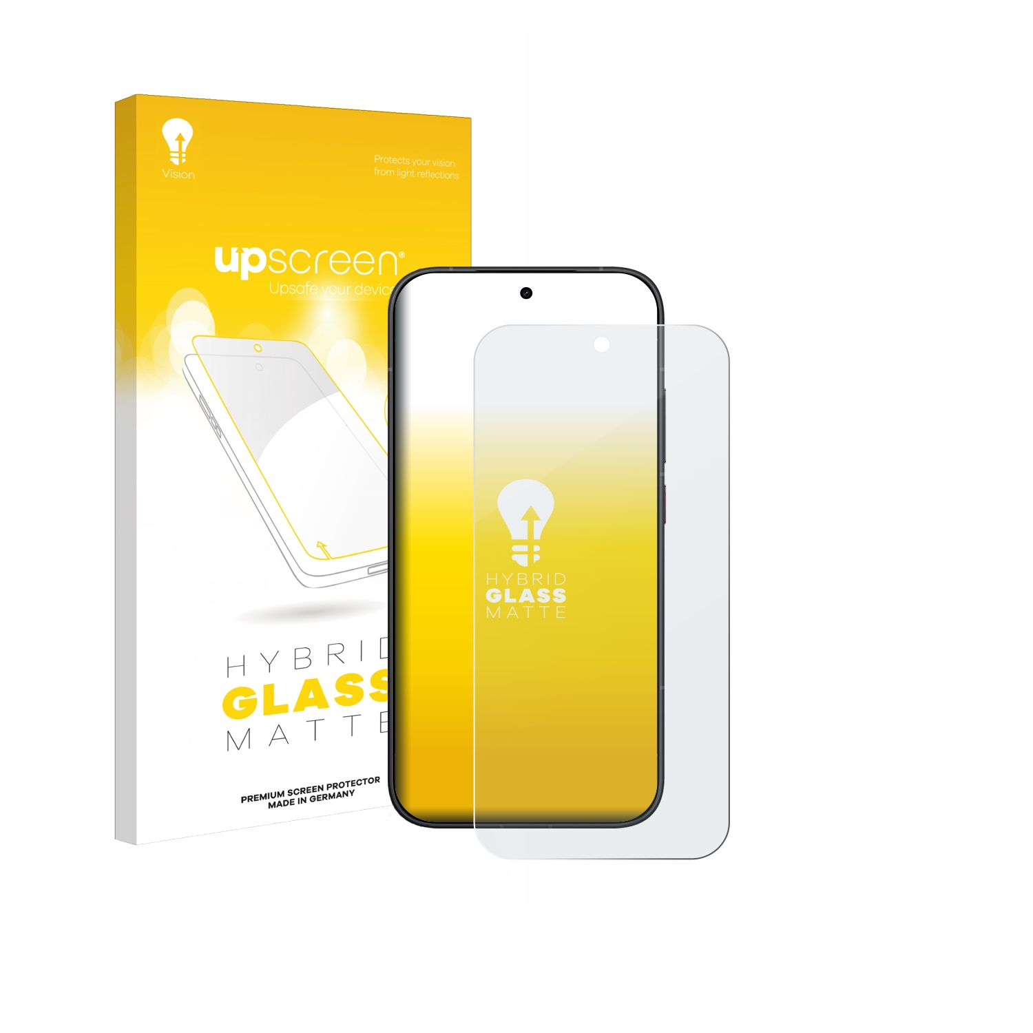 Verpackung und Displayschutzfolie für ein Smartphone, gelb und weiß.