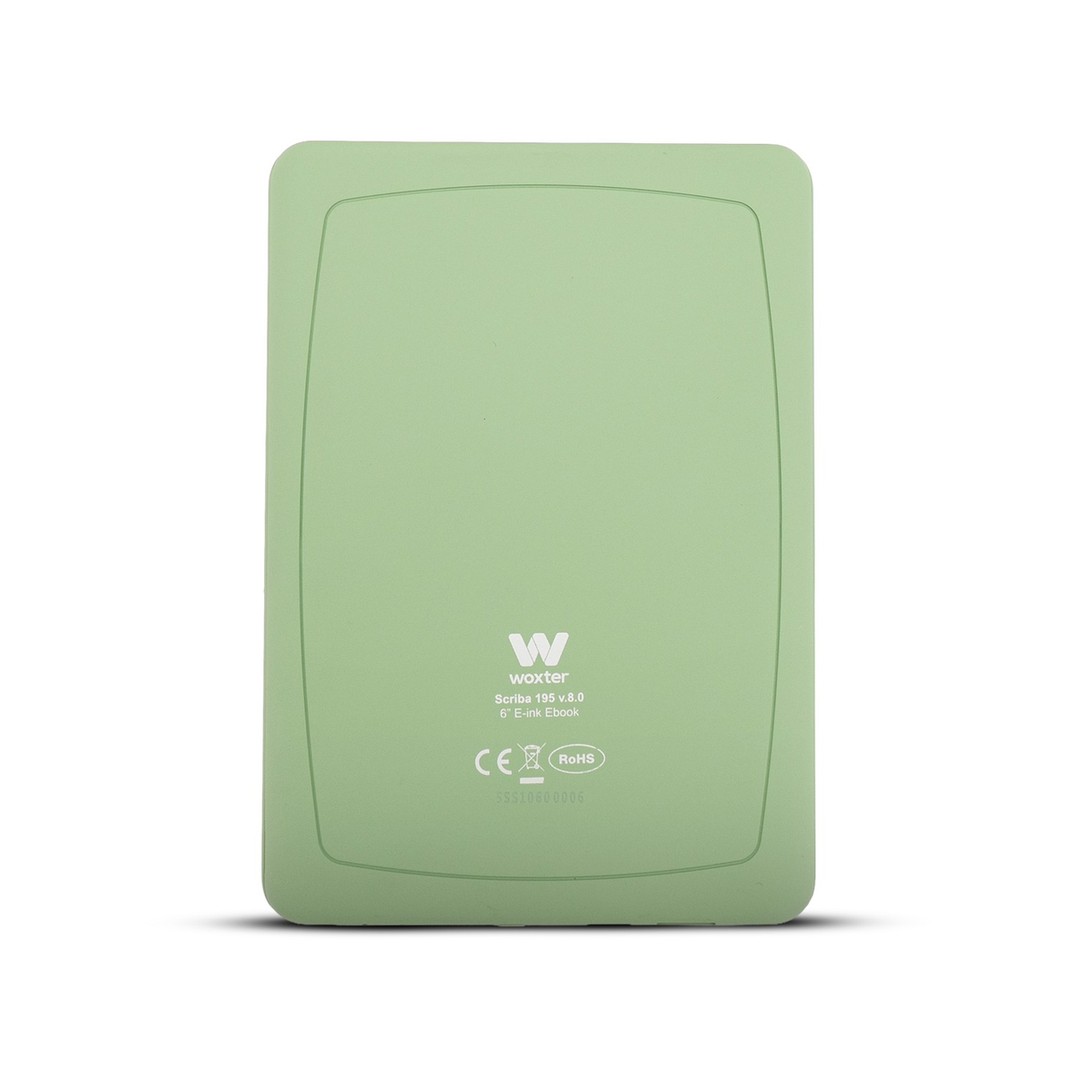 Reverso de un lector electrónico verde claro con logo y nombre del modelo.