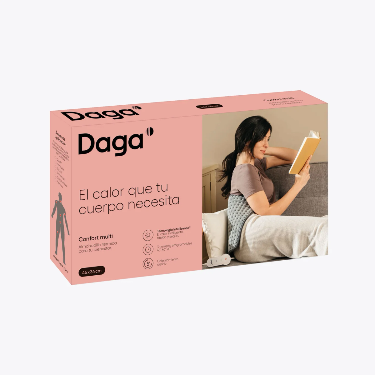 Una mujer lee un libro mientras usa una almohadilla térmica gris.