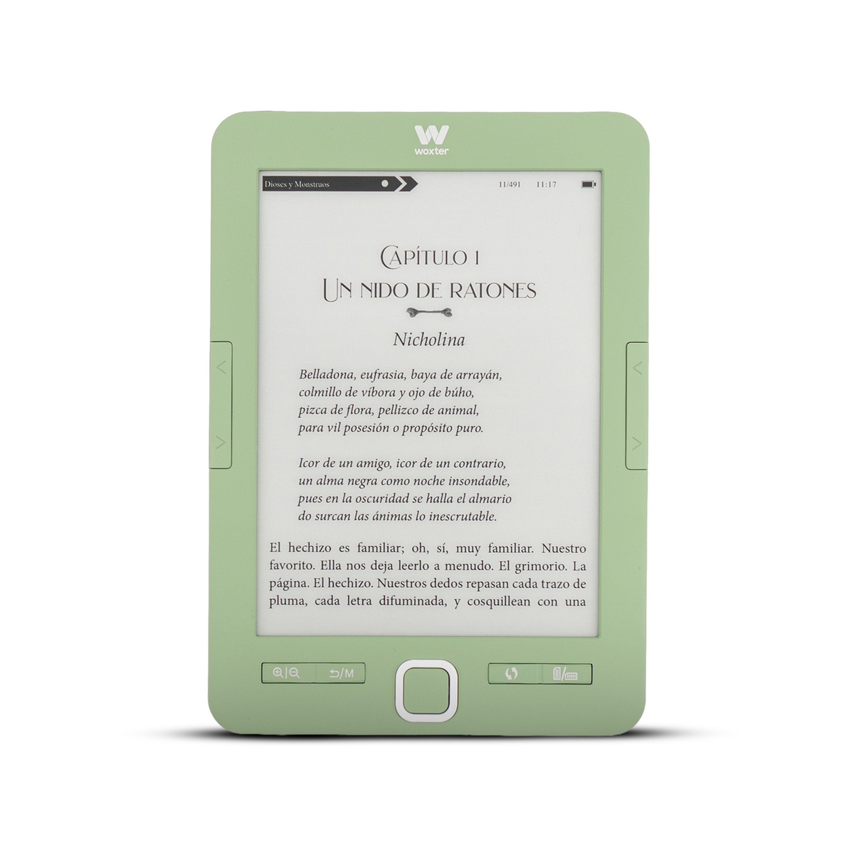 Un e-reader verde claro mostrando texto. El logo de Woxter está arriba.