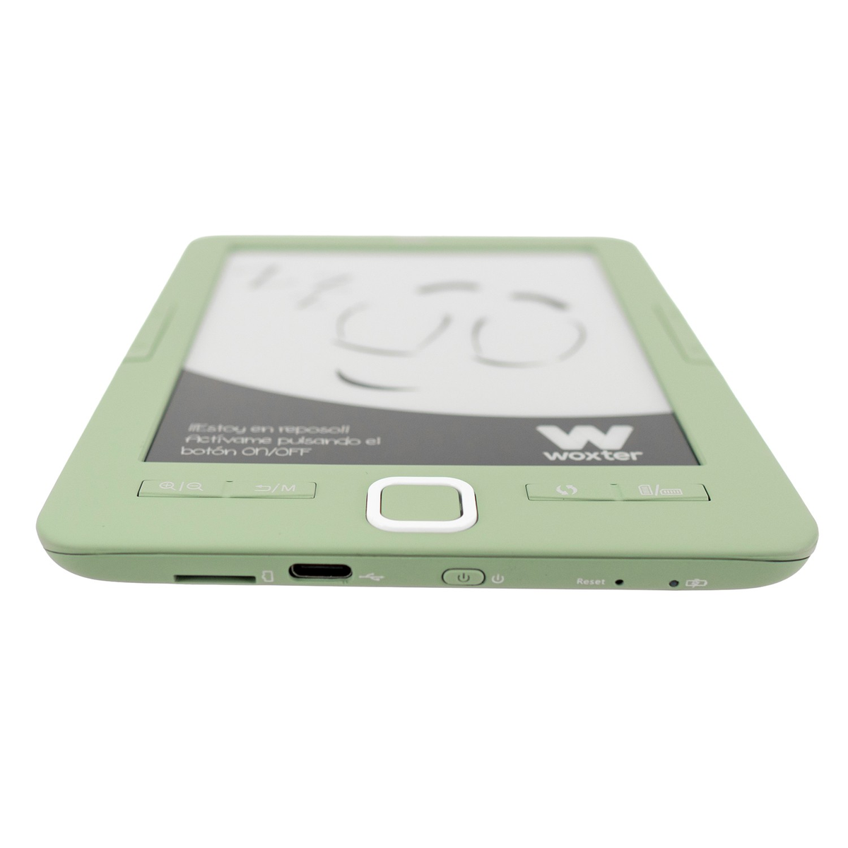 Un lector de libros electrónicos verde claro con un botón de navegación blanco.