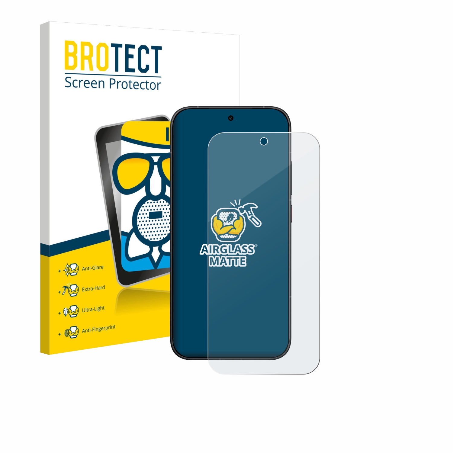 BROTECT Displayschutzfolie mit Handy-Abbildung und Merkmalen wie Anti-Glanz, Hart, Leicht, Anti-Fingerabdruck.