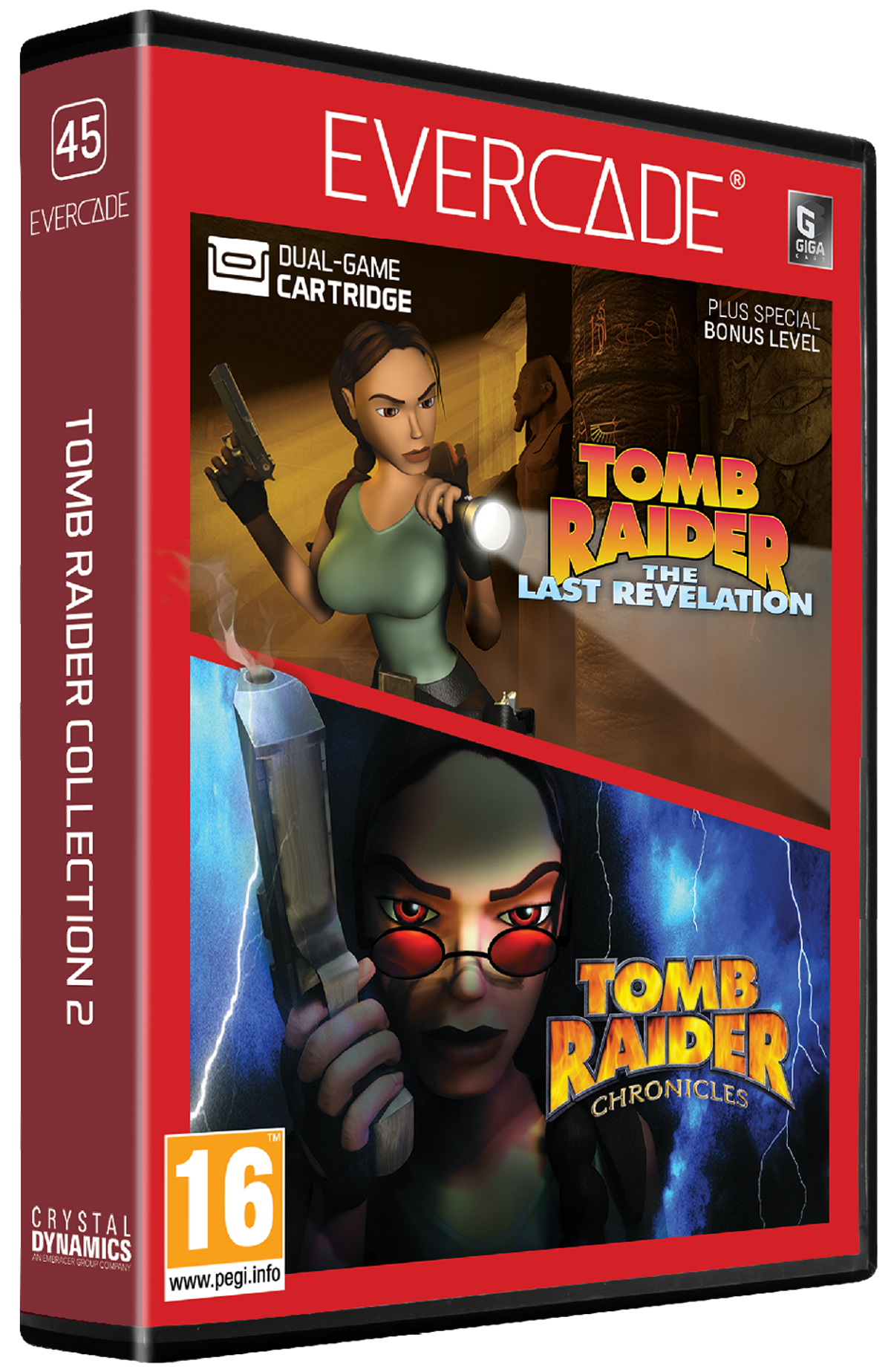 Custodia Evercade con Lara Croft per Tomb Raider Collection 2, che mostra due giochi.