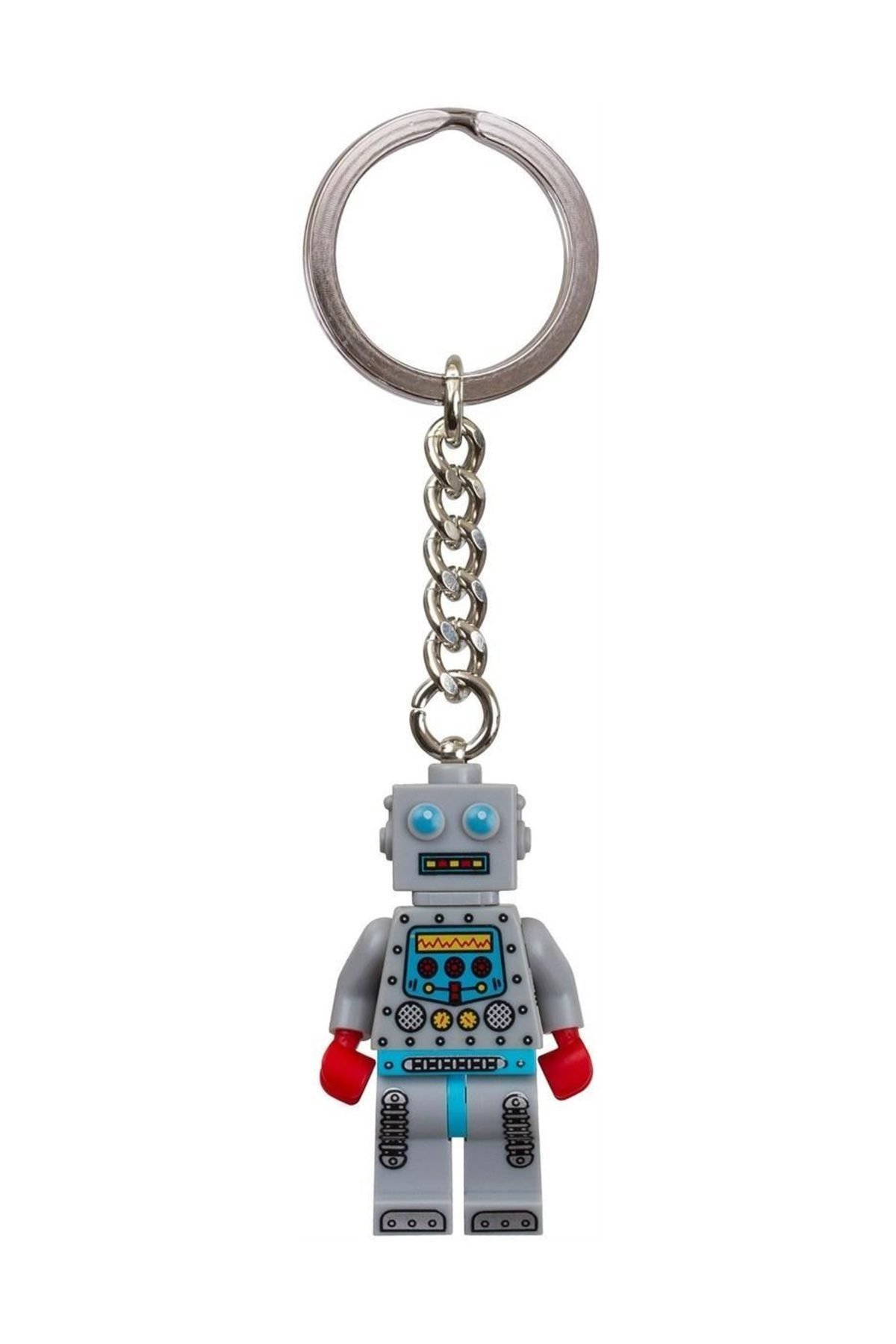 Kırmızı yumrukları ve mavi gözleri olan gri bir robot anahtarlığı.