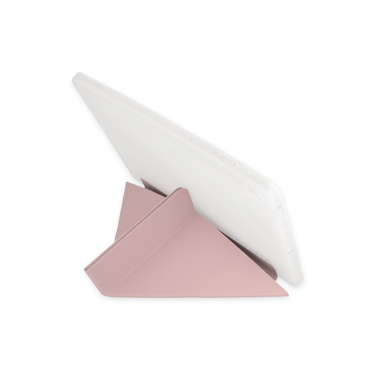 Beyaz bir tablet pembe bir stant üzerinde duruyor.