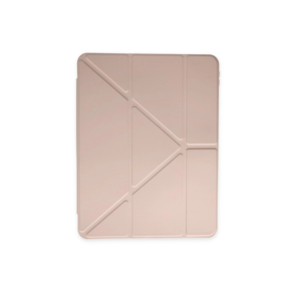 Beyaz arka plan üzerinde geometrik katlanabilir tasarımlı pembe tablet kılıfı.