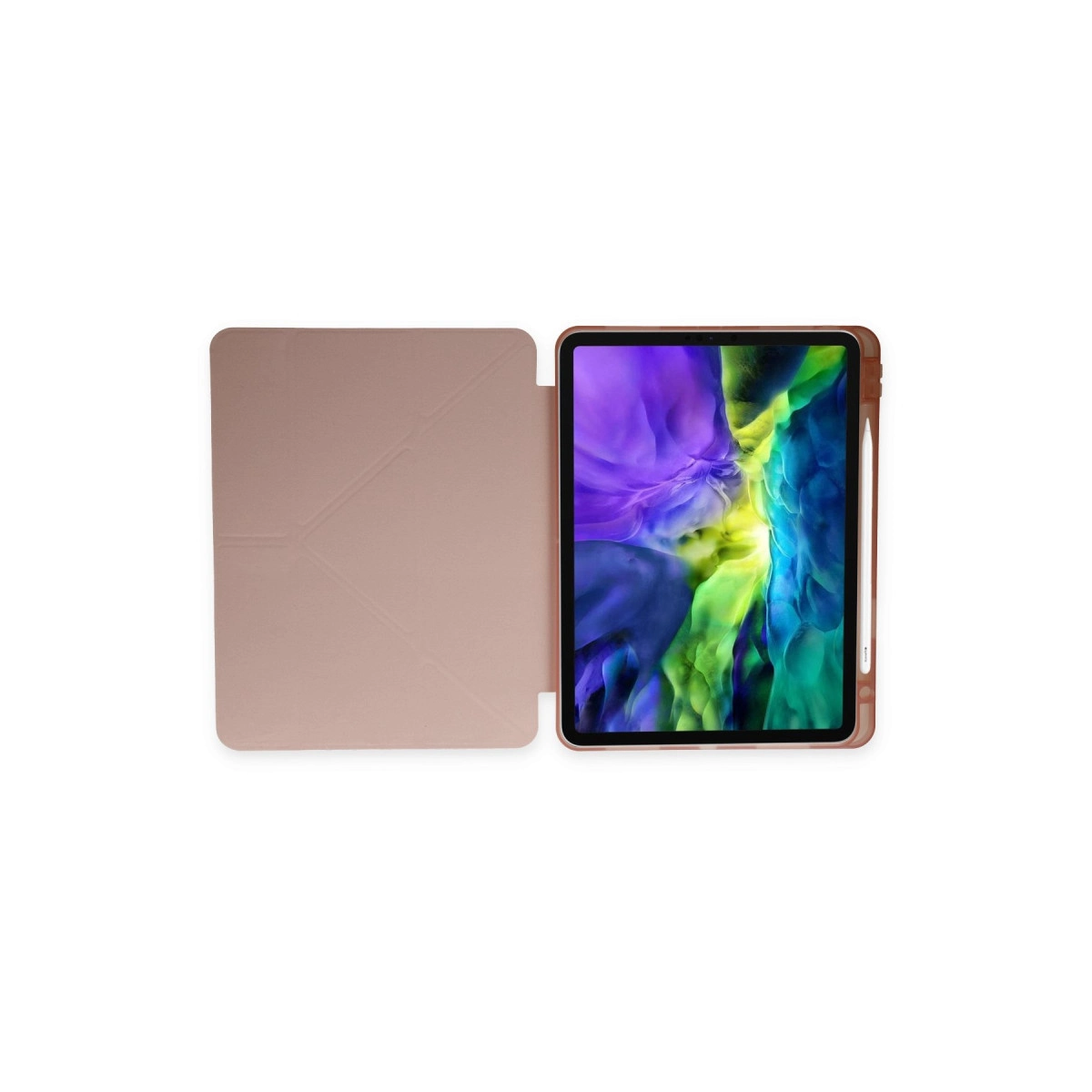 Sağ kenarına takılı kalem ve açık kılıfıyla gül altın rengi bir tablet.