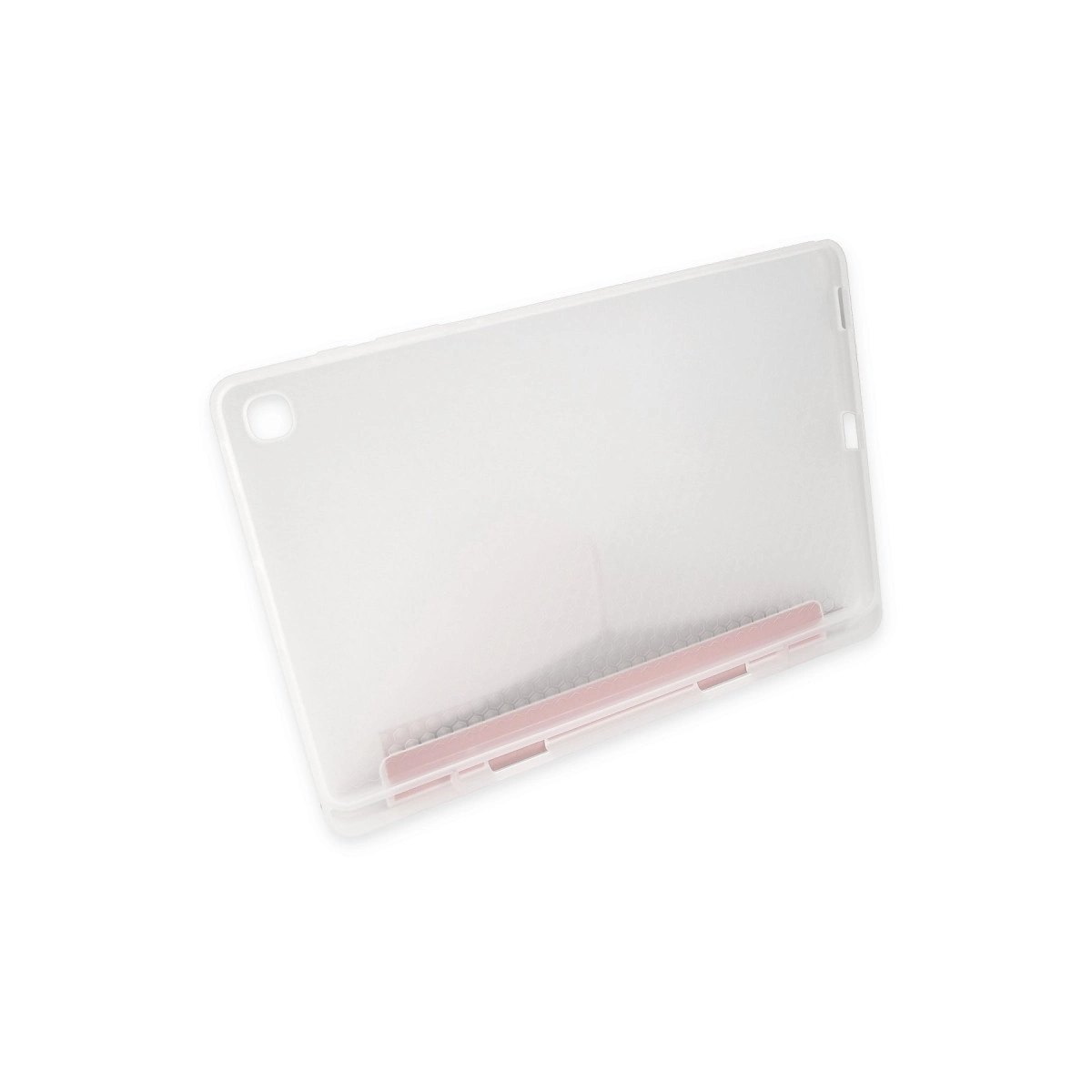 Pembe vurgulu ve kamera kesimli şeffaf tablet kılıfı.
