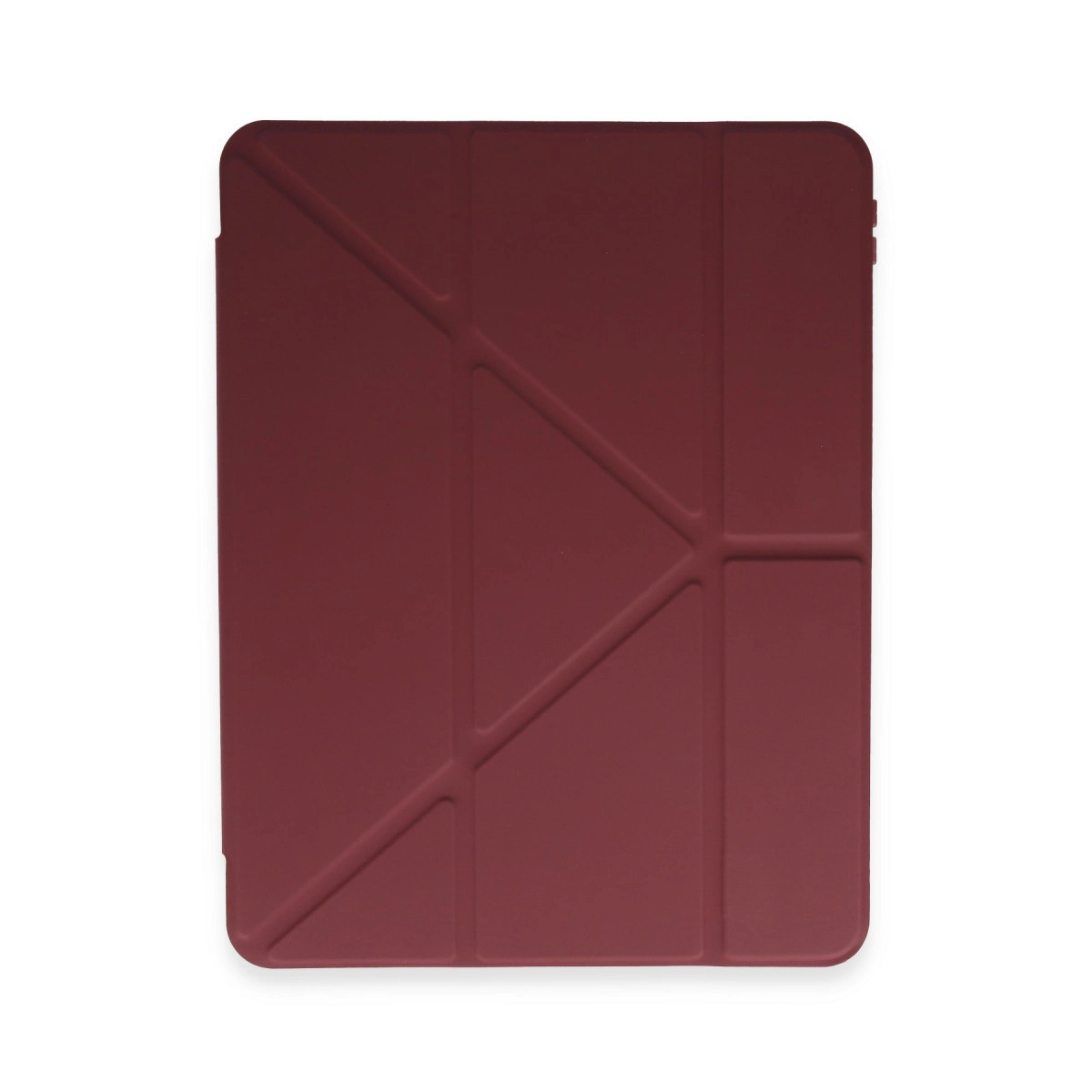 Geometrik desenli kapalı koyu kırmızı tablet kılıfı.