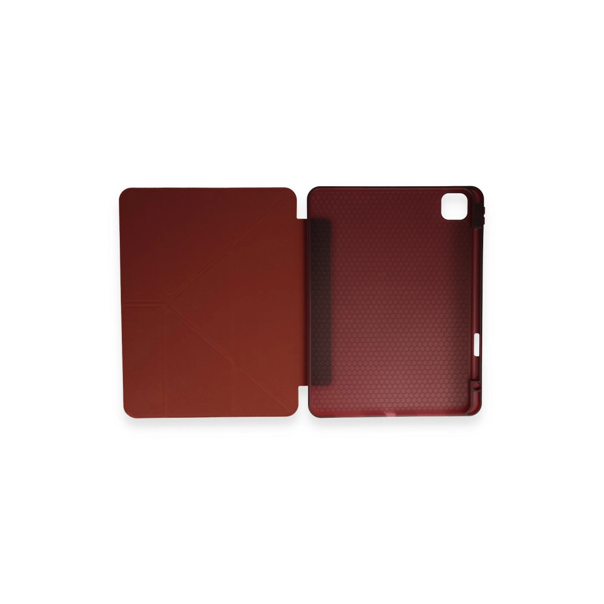 Kırmızı tablet kılıfı, açık, içinde petek deseni bulunur.