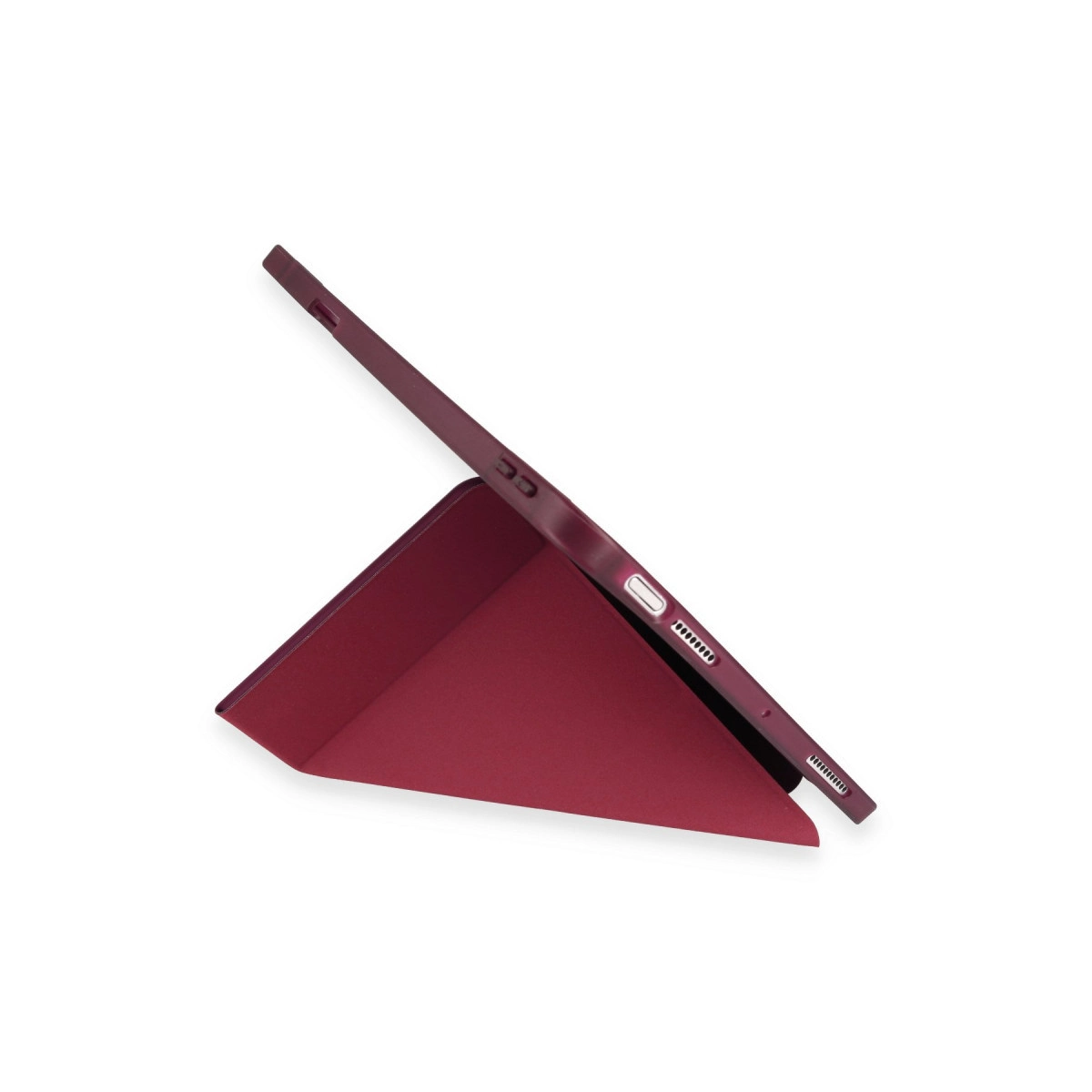 Koyu kırmızı tablet katlanmış kılıfıyla, beyaz zeminde.