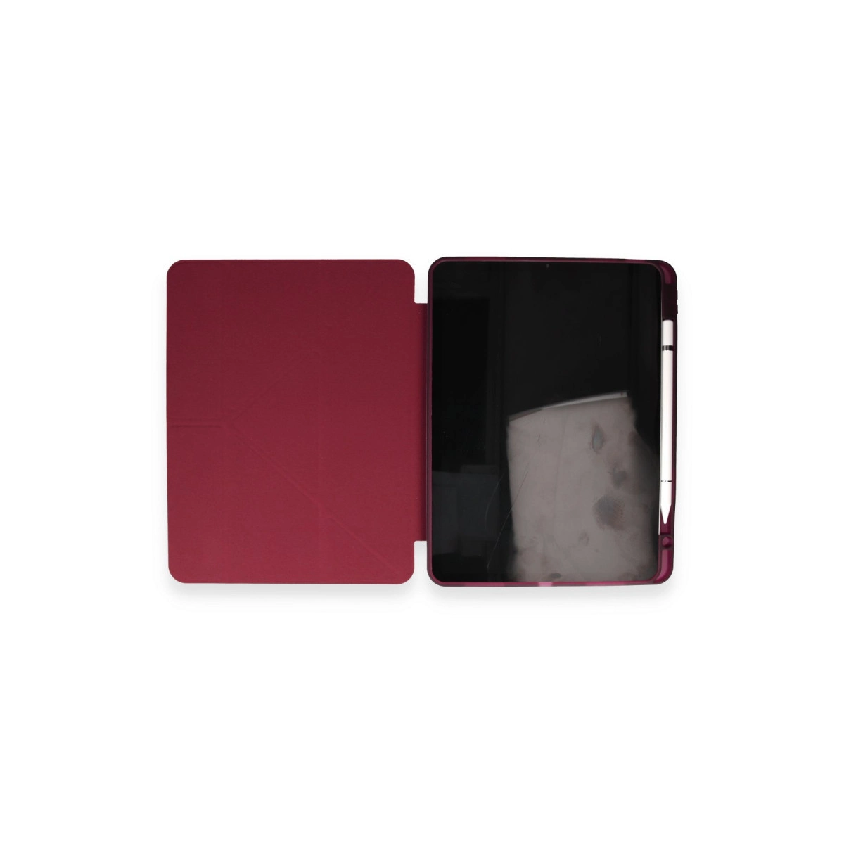 Açık kılıfta, beyaz arka plan üzerinde kalemli kırmızı tablet.
