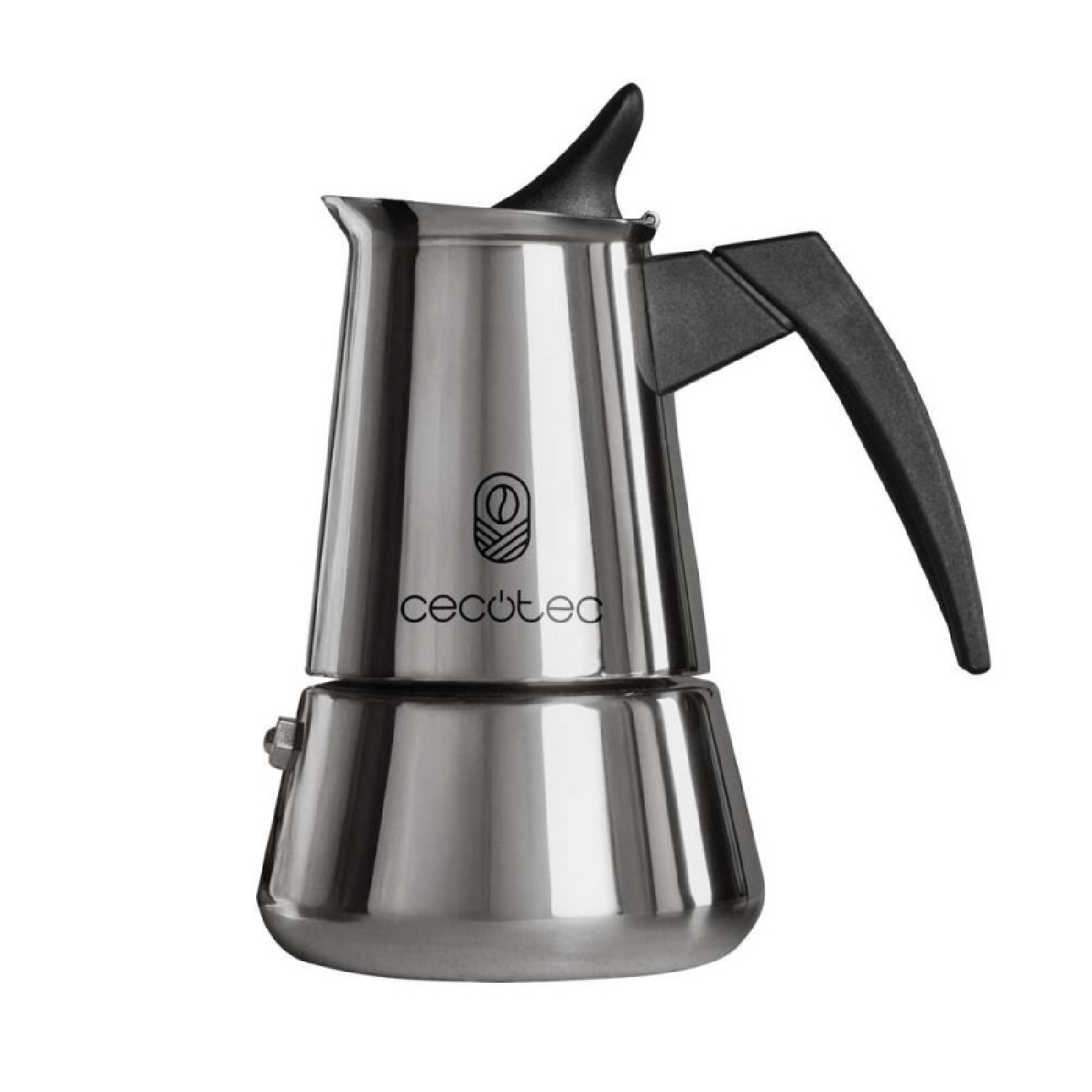 Una caffettiera espresso argentata con manico e coperchio neri su sfondo bianco.