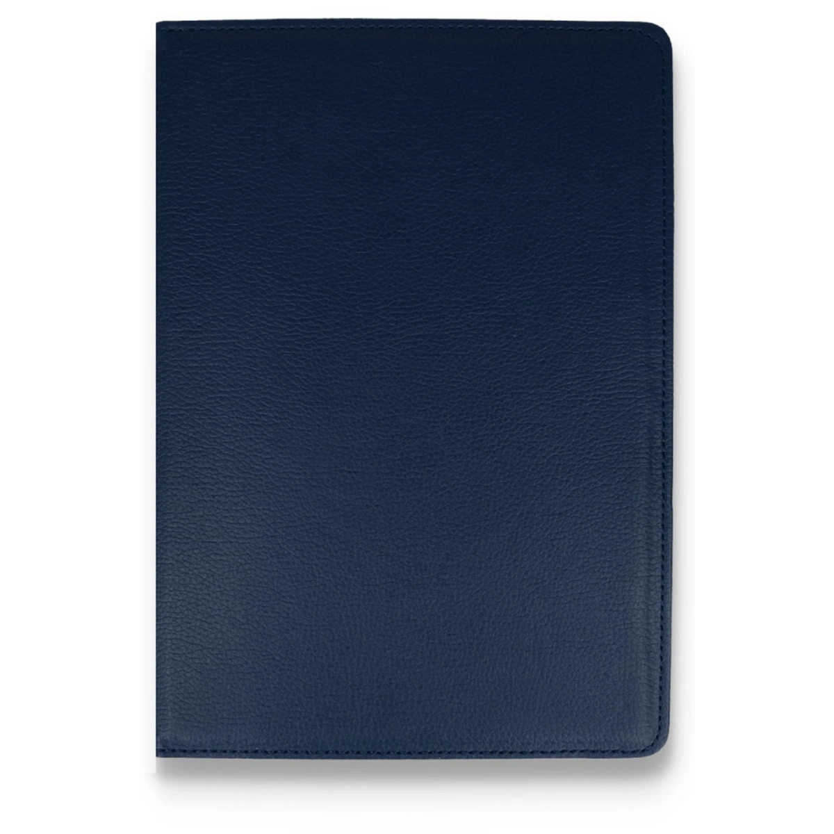 Koyu mavi, dokulu deri defter beyaz zeminde düz bir şekilde duruyor.