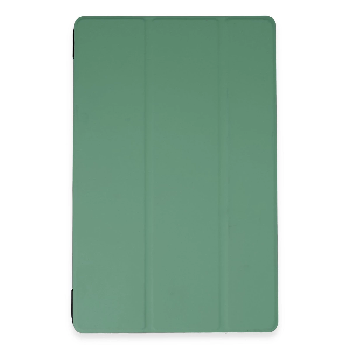Kapalı, düz, yeşil tablet kılıfı, ön tarafında üç katlanma yeri bulunur.