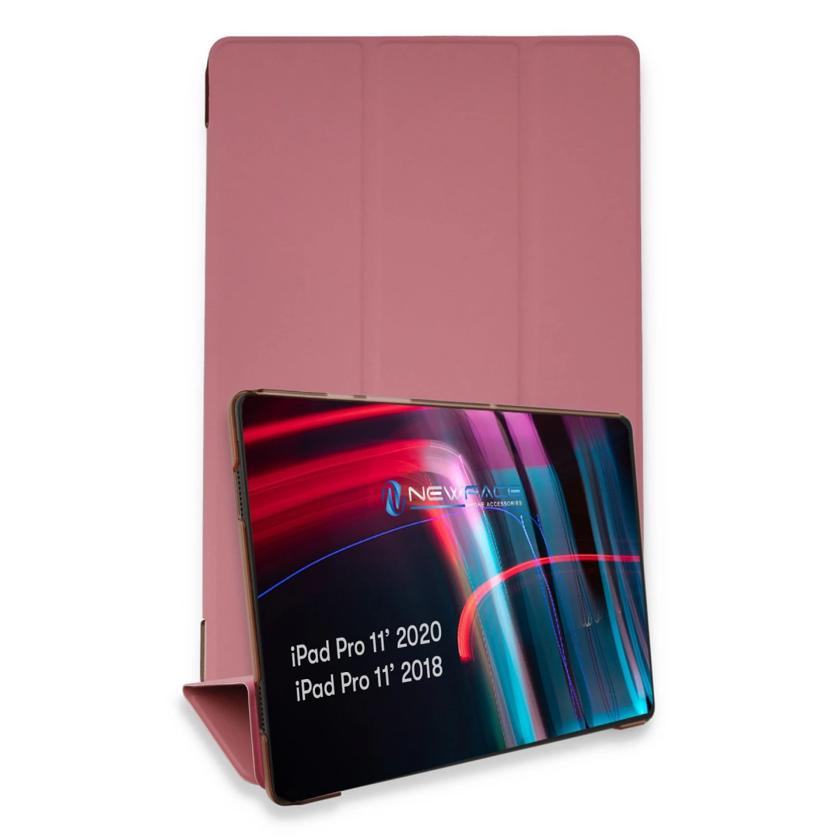 Reklam gösteren parlak bir ekrana sahip pembe tablet standı.