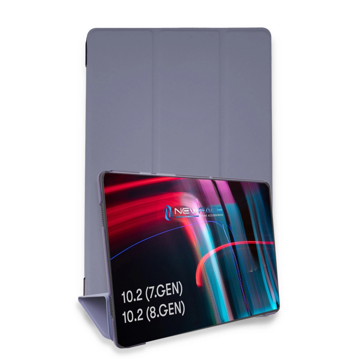 Reklam gösteren açık ekranlı gri tablet kılıfı.