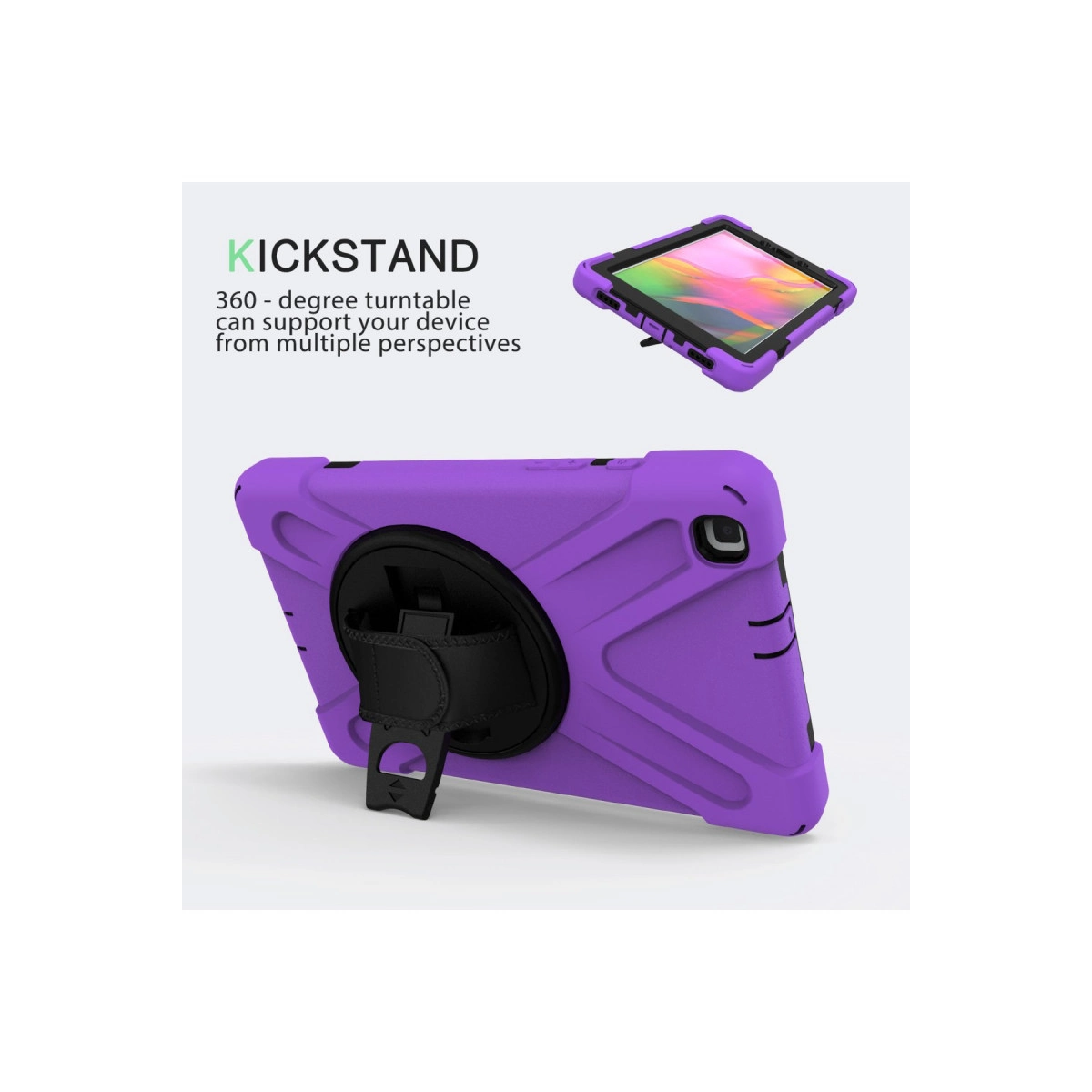 360 derece dönebilen stantlı ve tutamaçlı mor tablet kılıfı. Yakın çekim.