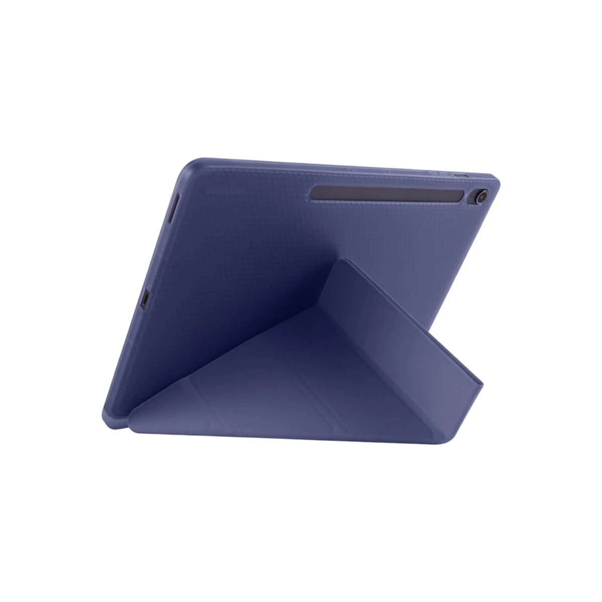 Dikey duran, dokulu yüzeyli koyu mavi tablet standı.