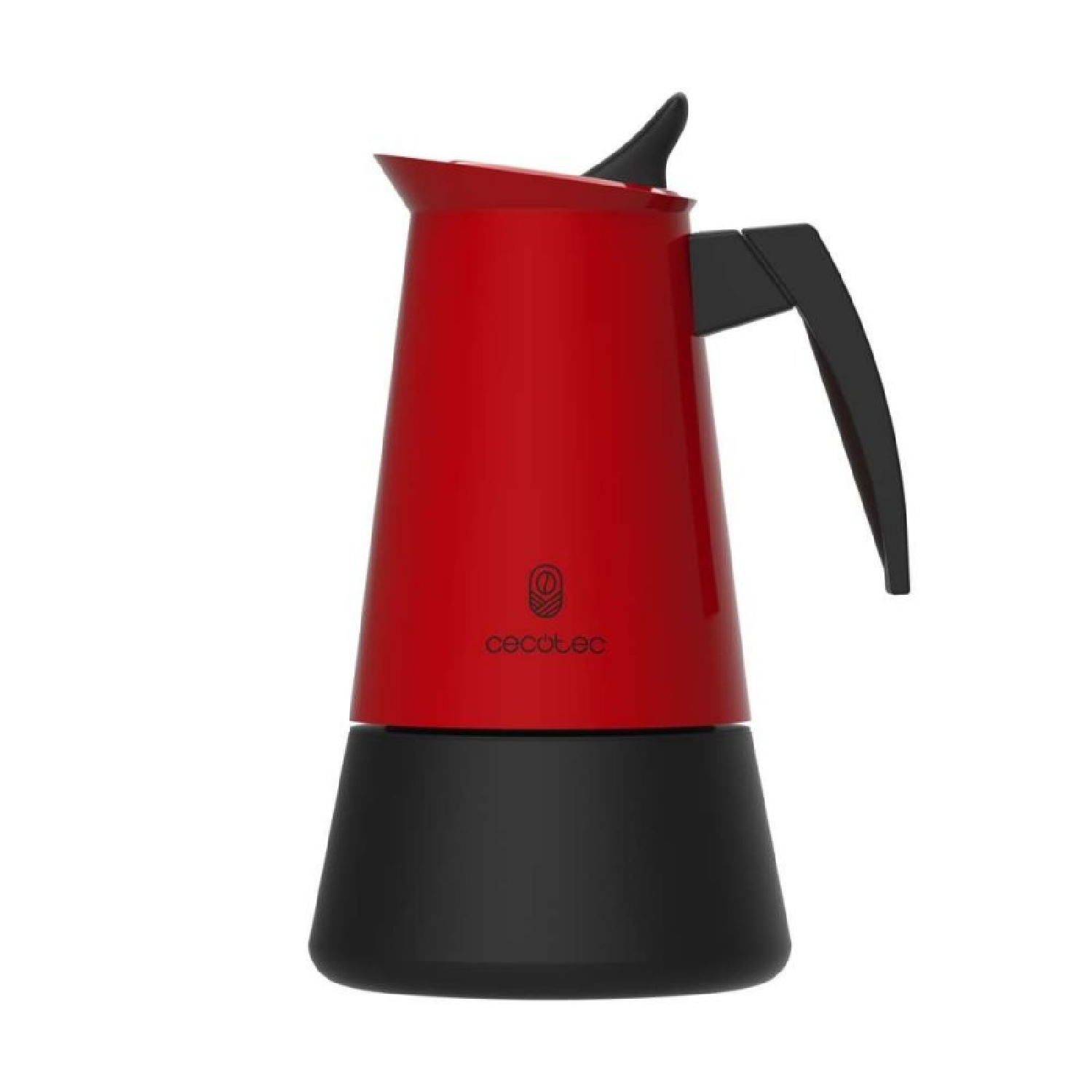 Rote Kaffeemaschine mit schwarzem Griff und Basis auf weißem Hintergrund.