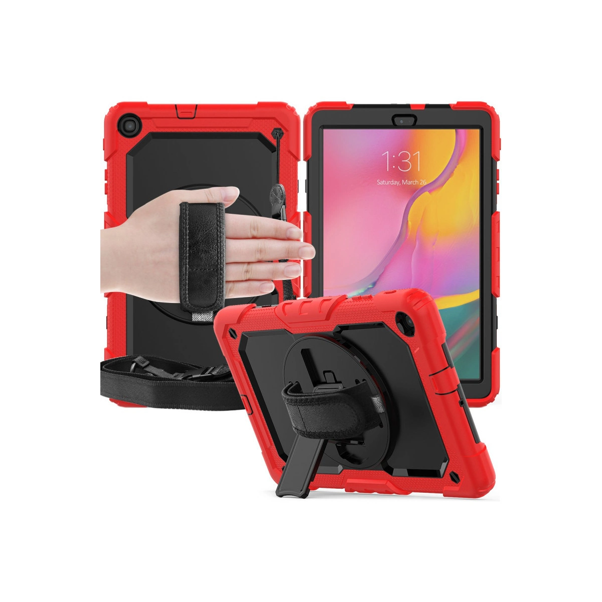 Kırmızı tablet kılıfı, tutma yeri ve stantlı; bir tablet görünür.
