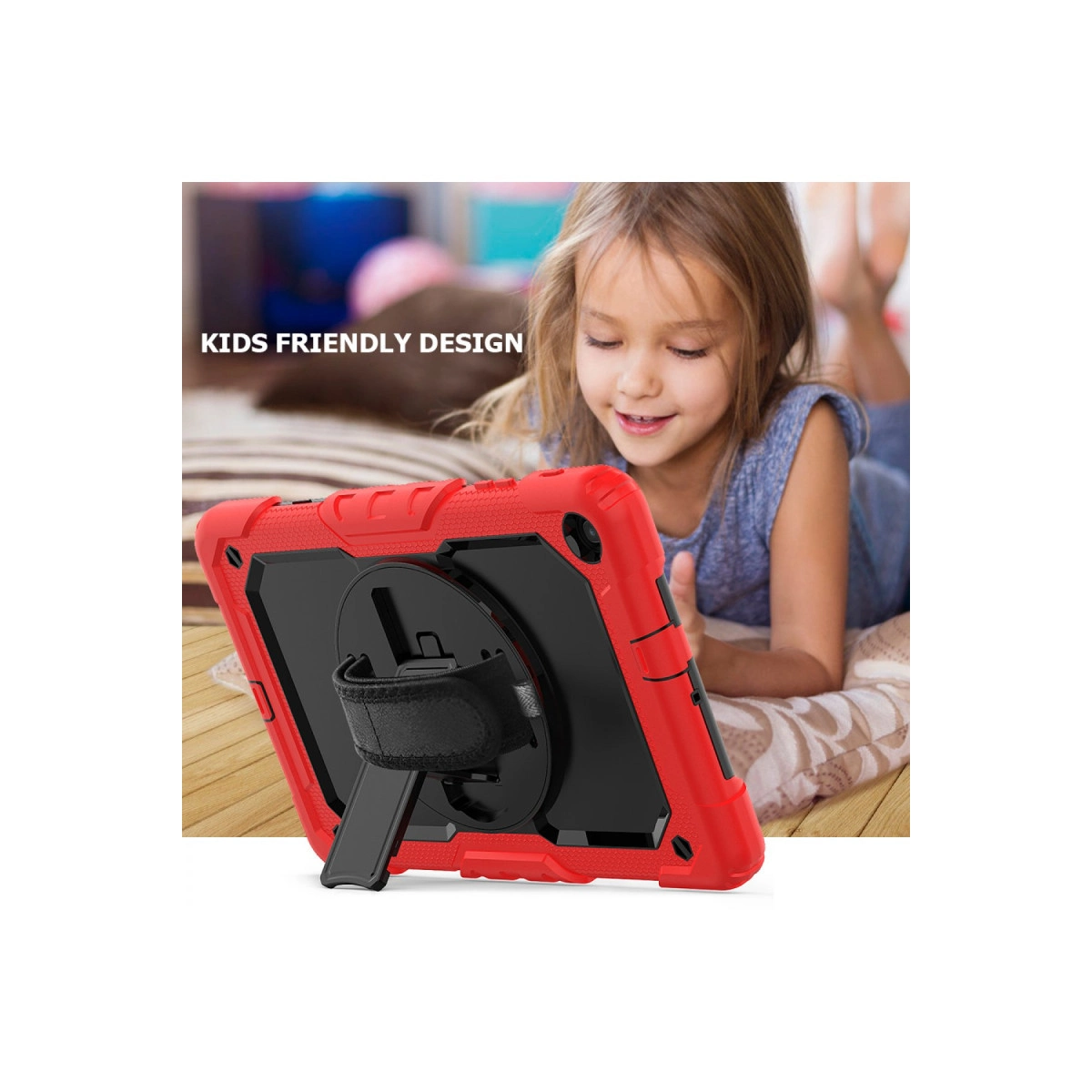 Arkada bir kız bulunan, stantlı kırmızı tablet kılıfı.