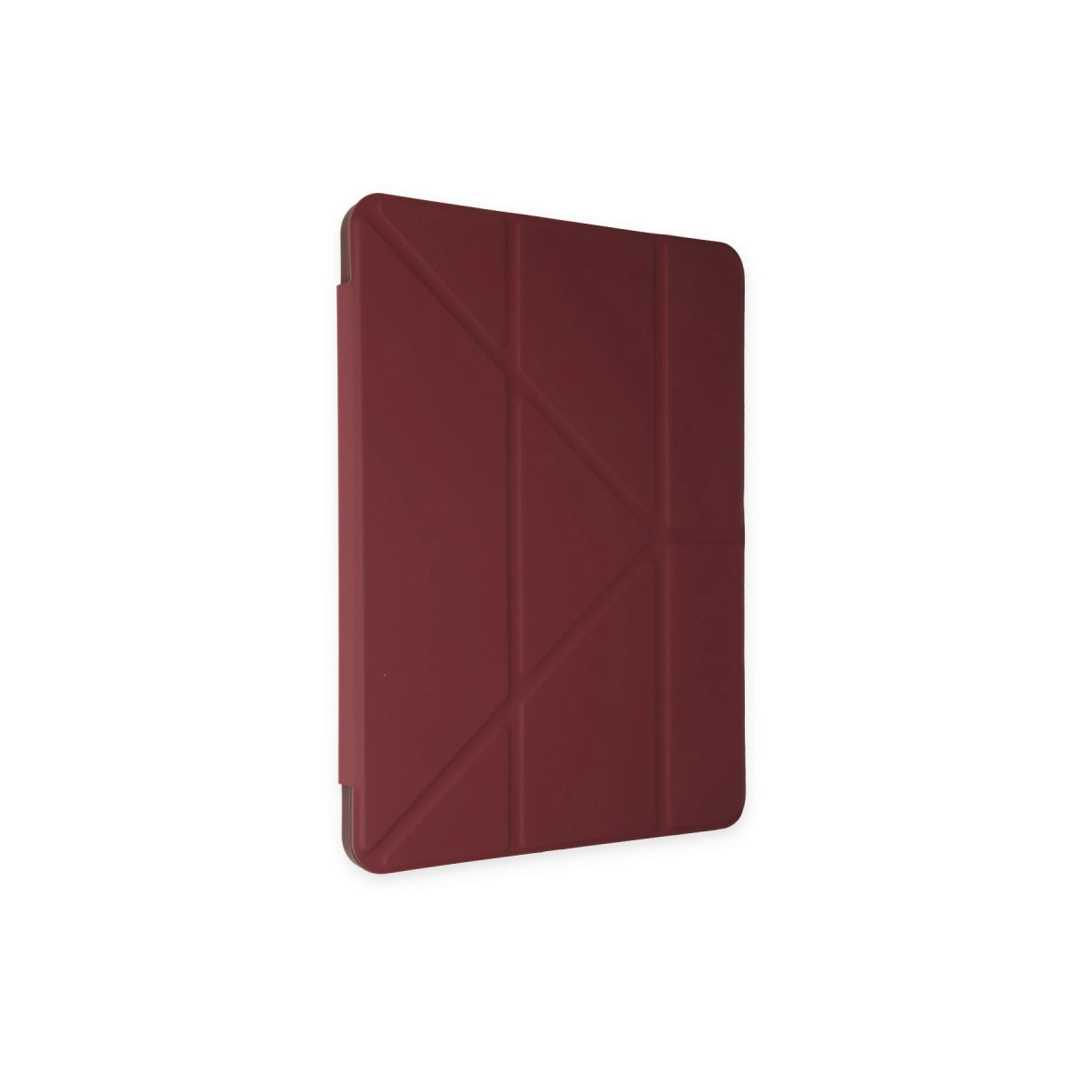 Geometrik katlanmış tasarıma sahip bordo tablet kılıfı.