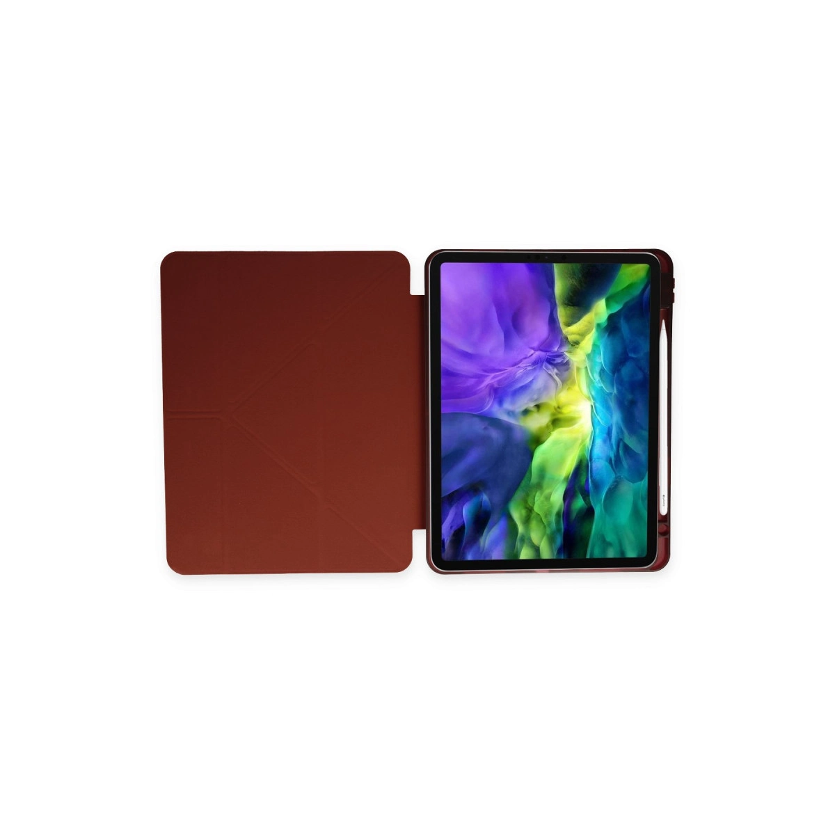 Kahverengi kapaklı tablet ve yanında kalem.