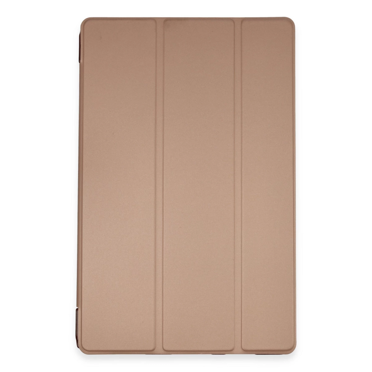 Üç dikey katlanmış altın renkli tablet kılıfı, beyaz zeminde duruyor.