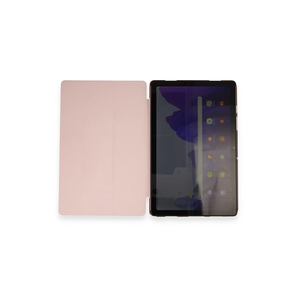 Ekranı açık pembe bir tablet ve kapağı.
