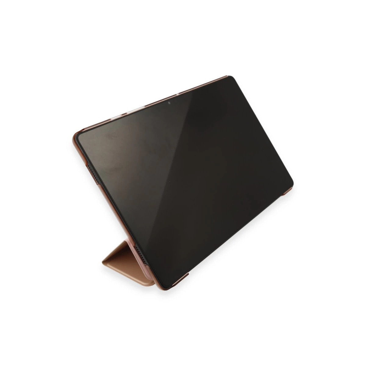 Beyaz zeminde kahverengi stantla desteklenmiş tablet.
