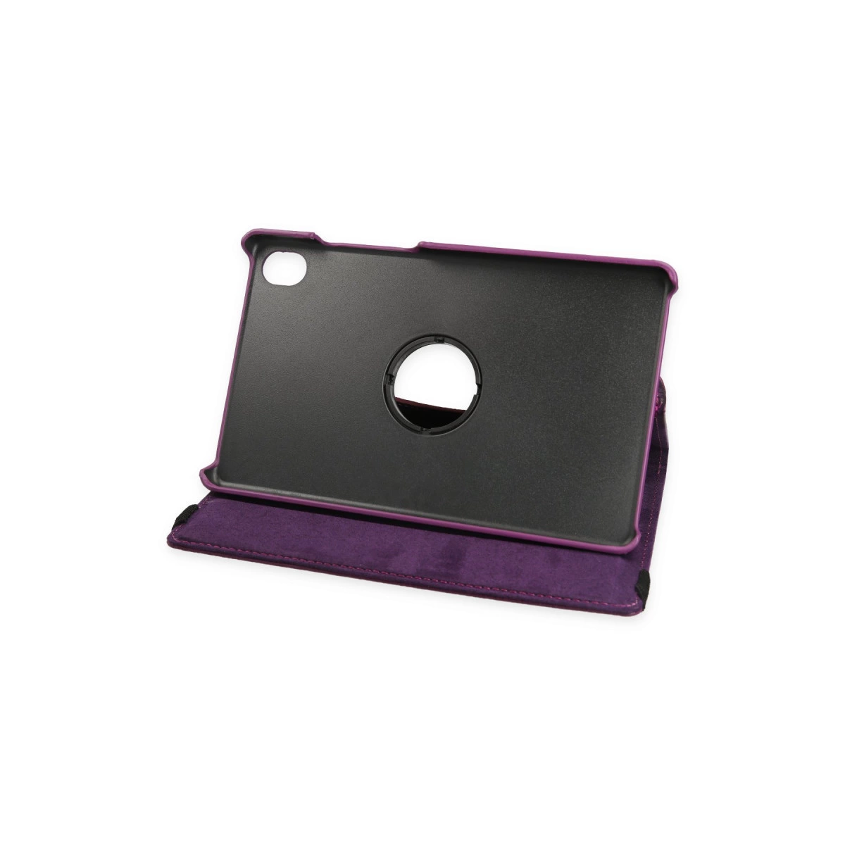 İçinde yuvarlak açıklığı olan mor tablet kılıfı.