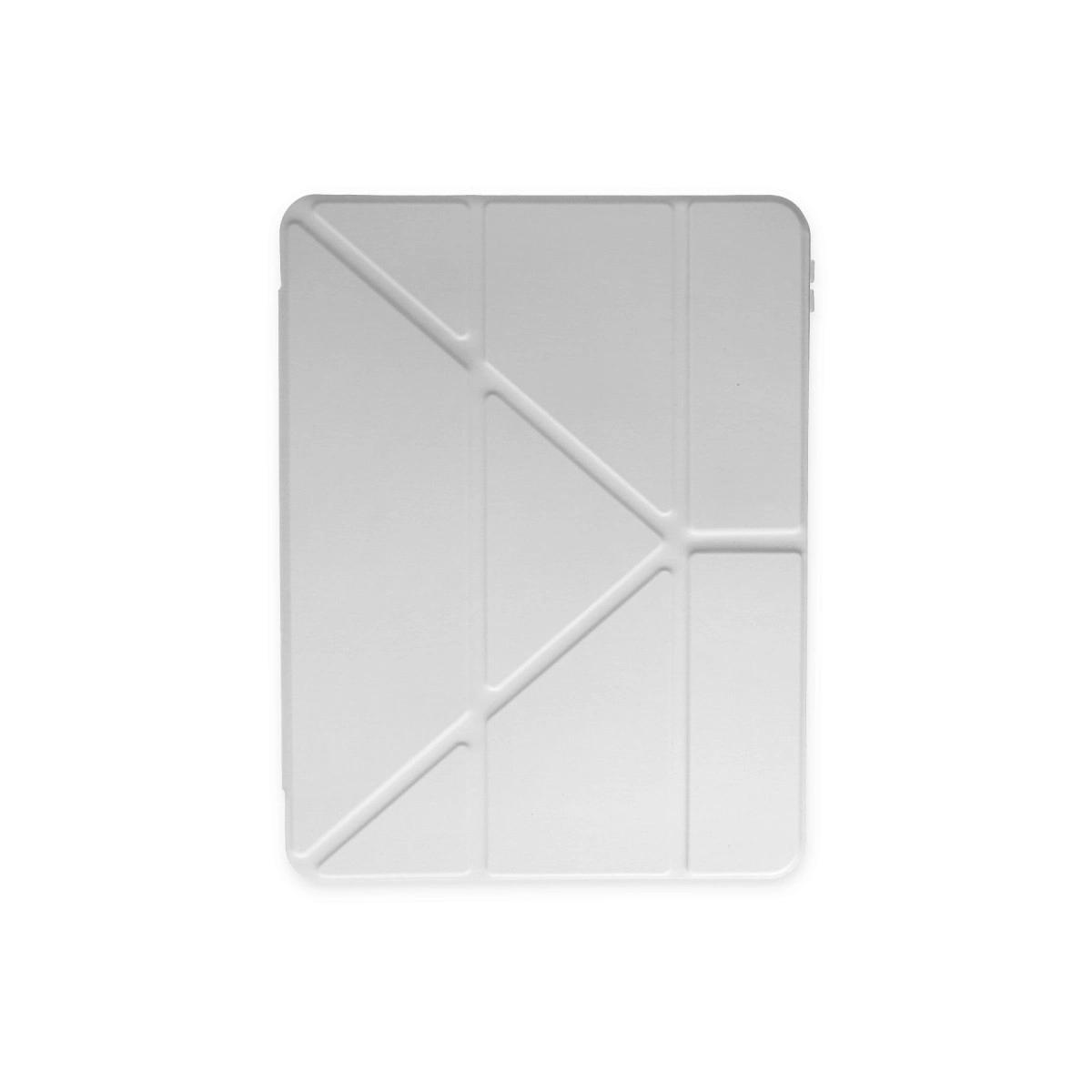 Beyaz arka plan üzerinde geometrik desenli beyaz tablet kılıfı.
