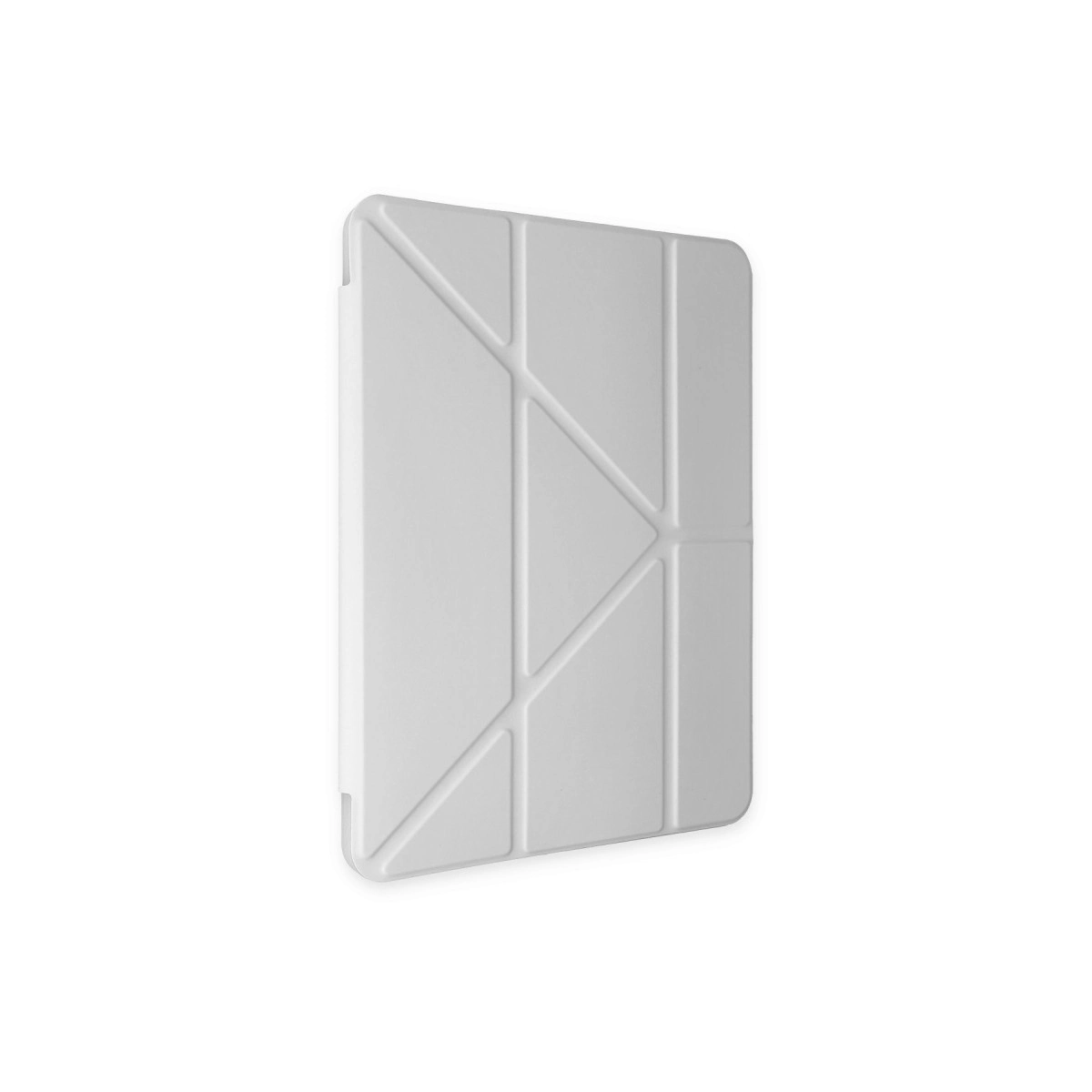 Beyaz arka plan üzerinde geometrik katlanmış tasarıma sahip beyaz tablet kılıfı.
