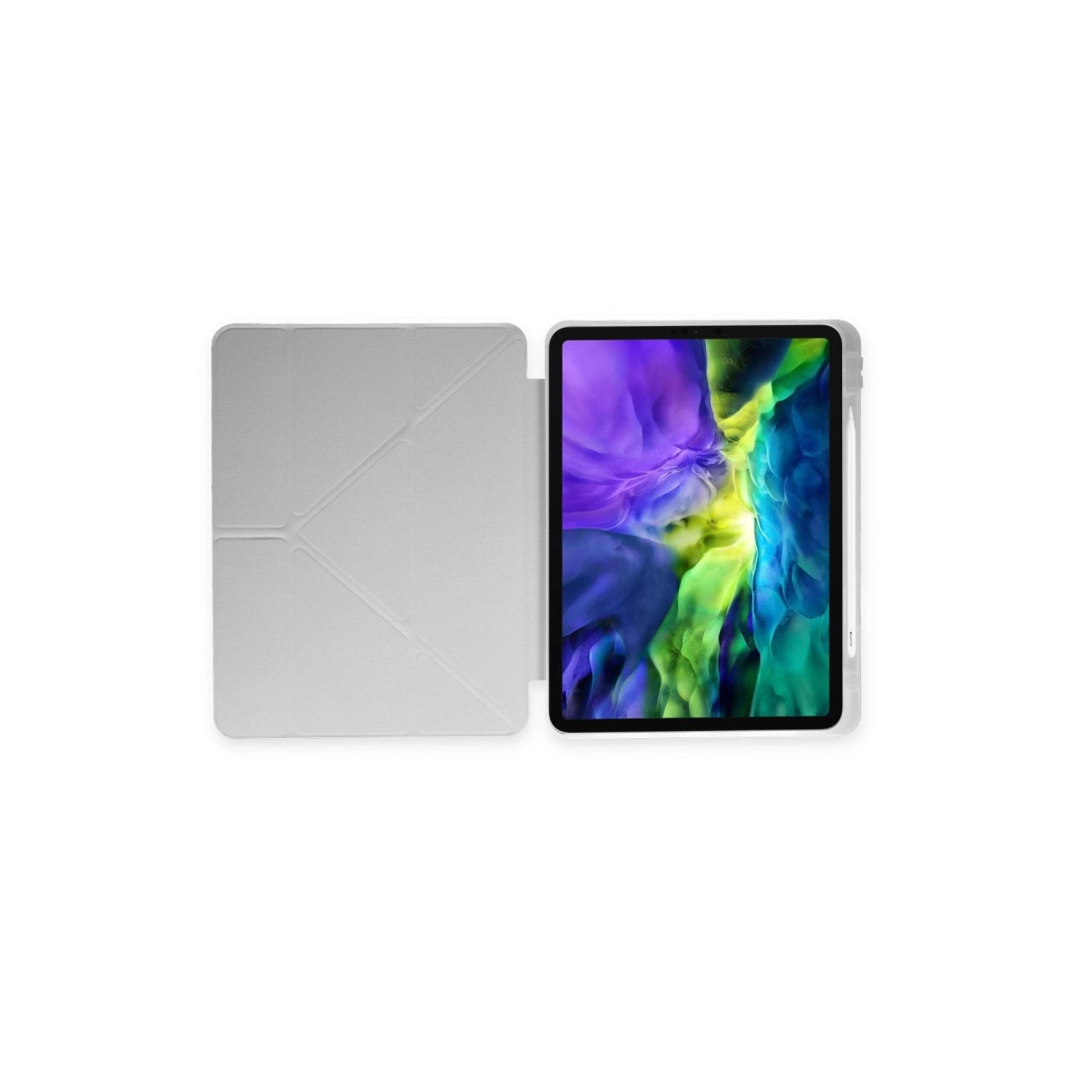 Yanında kılıf ve kalem bulunan açık bir tablet.