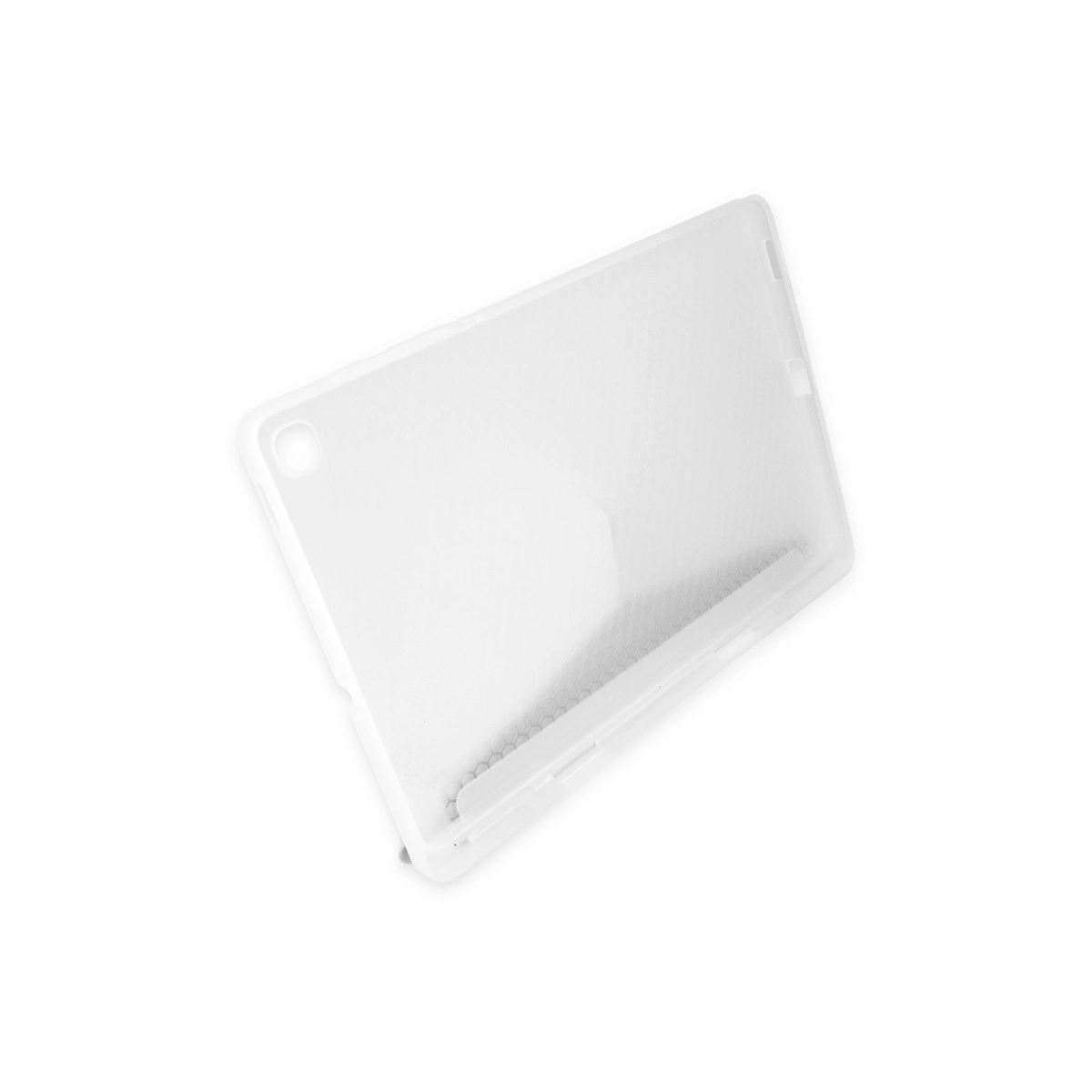 Kamera ve düğmeler için kesikleri olan şeffaf tablet koruyucu kılıf.