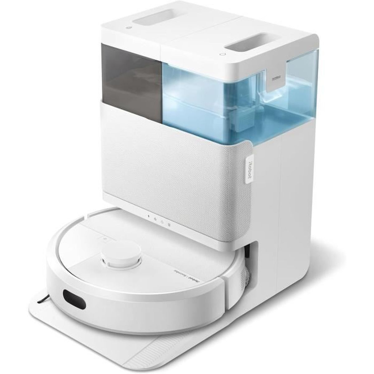 Biały robot sprzątający obok stacji ładującej z niebieskim zbiornikiem na wodę.