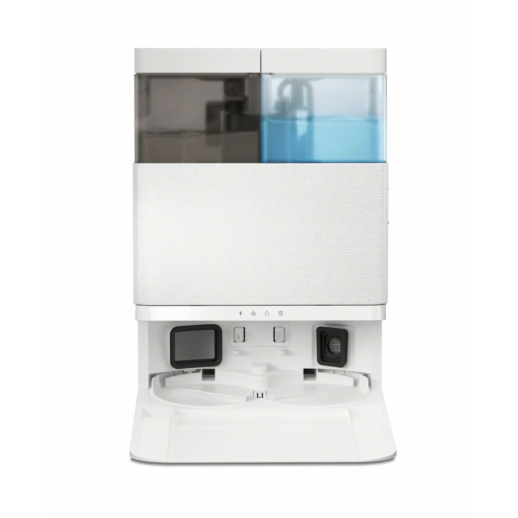 Biała stacja bazowa odkurzacza robota z dwoma zbiornikami na wodę, jeden przezroczysty niebieski, drugi ciemny.