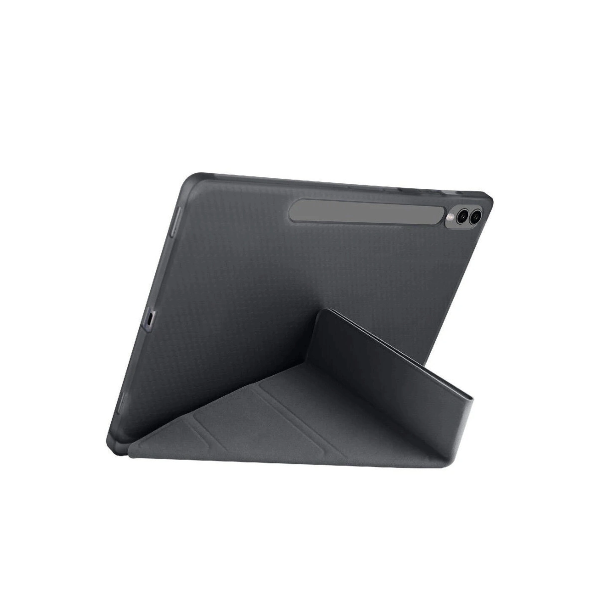 Beyaz arka planda yatay modda stantlı koyu gri tablet.