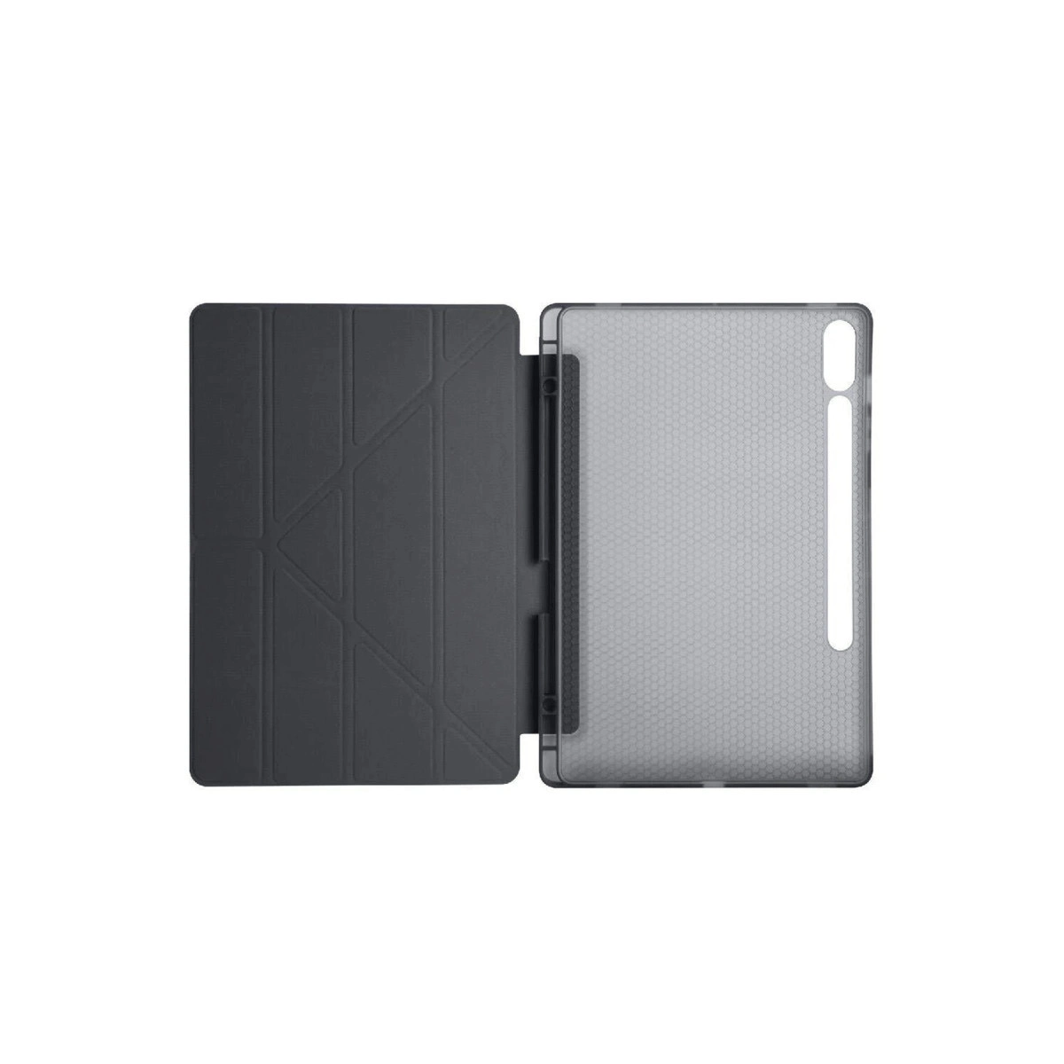 Koyu gri tablet kılıfı, açık, dokulu iç kısmı ve manyetik kapağı gösteriyor.