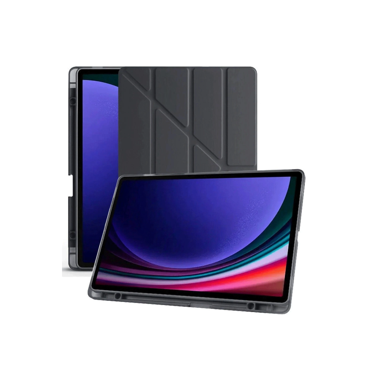 Gri tablet kılıfı ile beyaz zeminde sergileniyor.