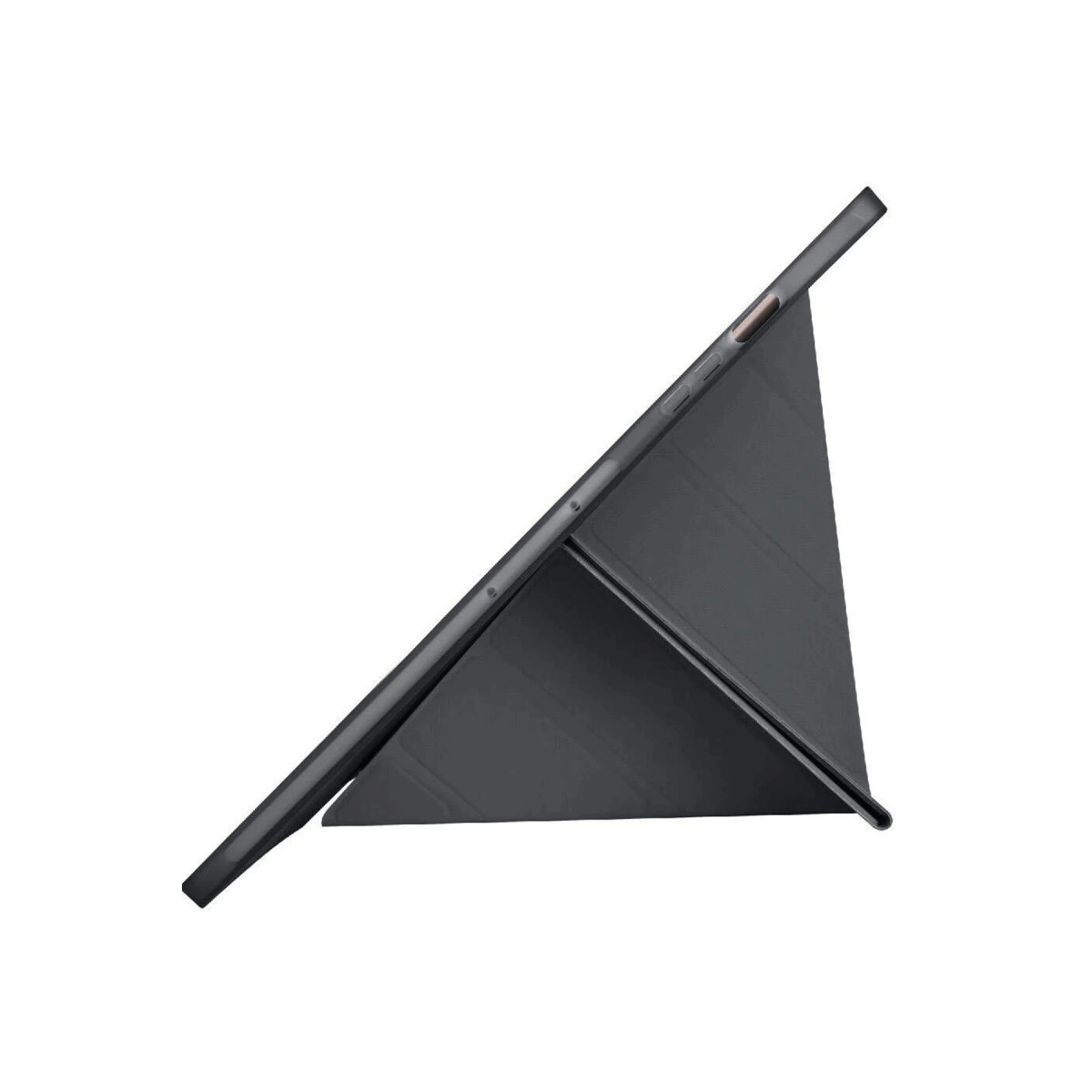 Bir tableti destekleyen koyu renkli, üçgen tablet standı.
