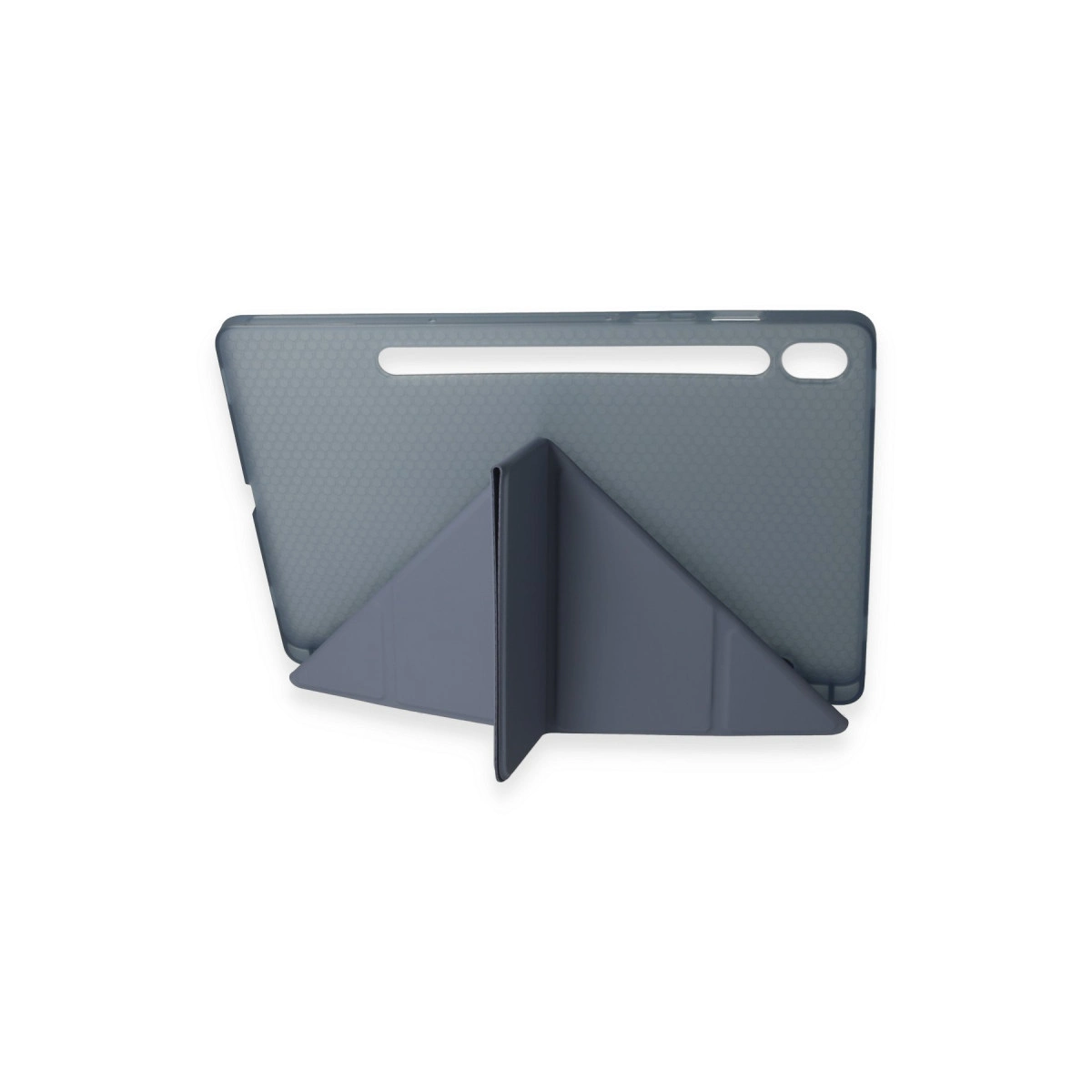 Açılı bir tableti tutan, stantlı gri tablet kılıfı.