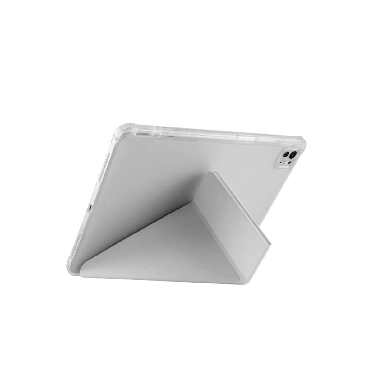 Şeffaf kılıflı gümüş tablet beyaz bir stant üzerinde duruyor.
