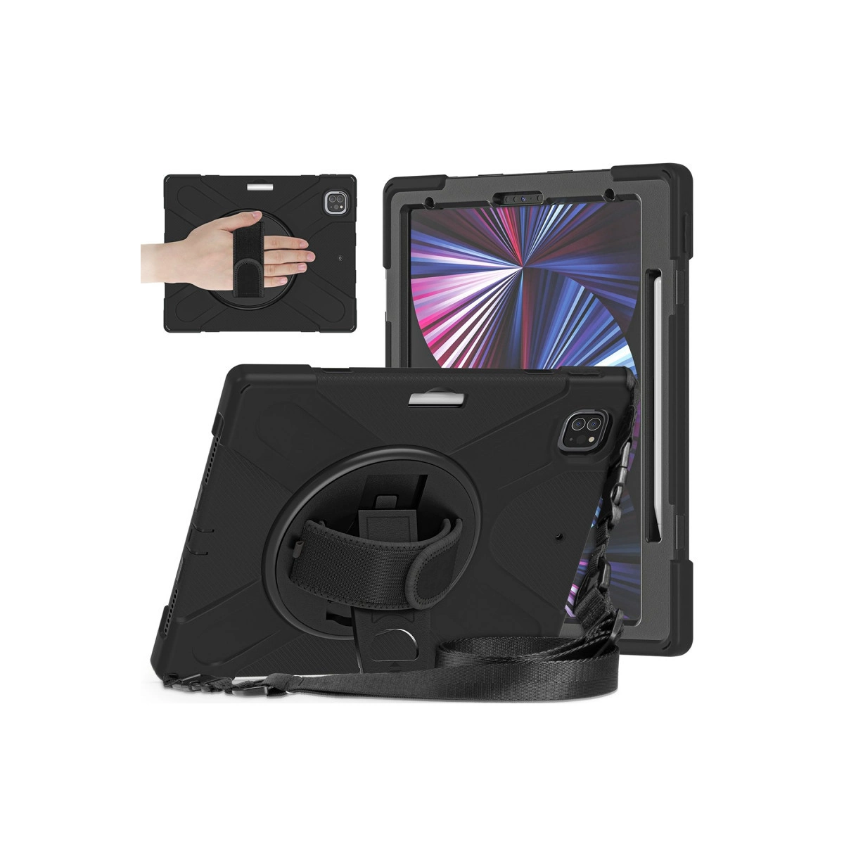 El ve omuz askılı siyah tablet kılıfı.