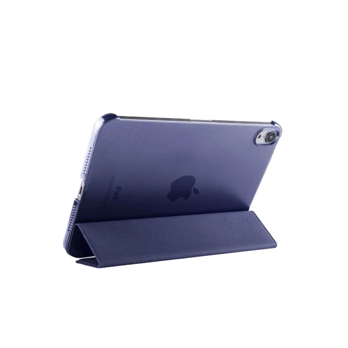 Şeffaf kılıflı, lacivert tablet standı.